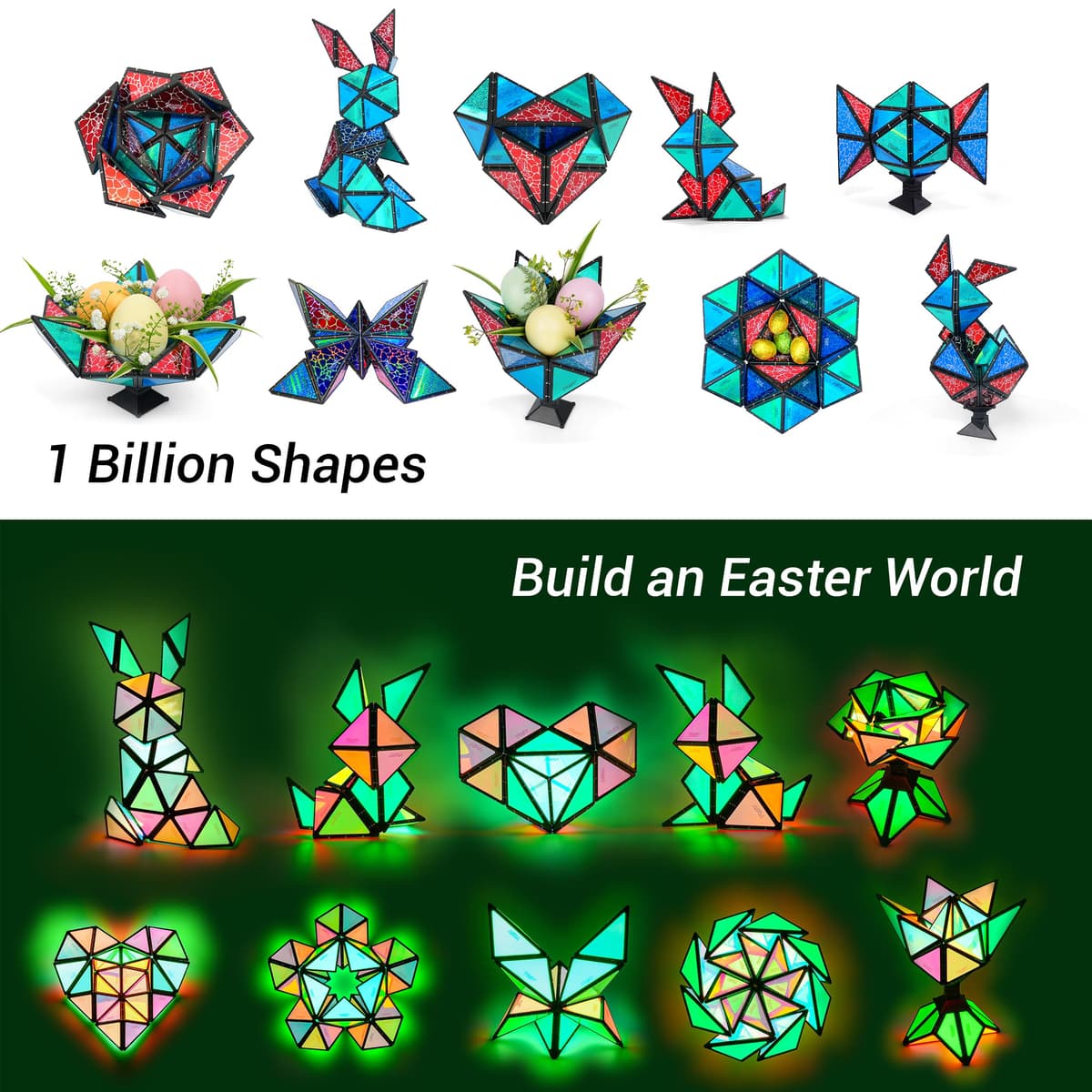 TOSY Magnet Pyramid Glow - 1 Cube Transforms into 1 Billion Shapes (Bunny, Egg Basket, Flowers, Heart), Easter Birthday Gift, 12 pcs, 243 Magnets, Glowing, Holographic Design, Puzzle/STEM Toy — view 3