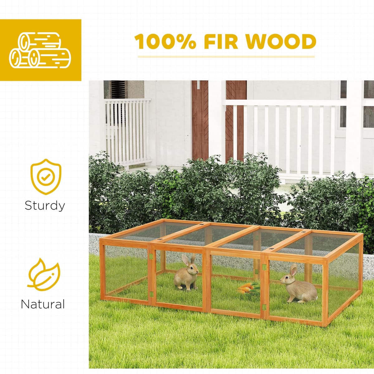 Pawhut Rabbit Run Wooden Rabbit Hutch Cage 6ft with Wire Mesh, Openable Roof, Play Space for Outdoor, 181 x 100 x 48 cm, Natural Wood Finish — view 4