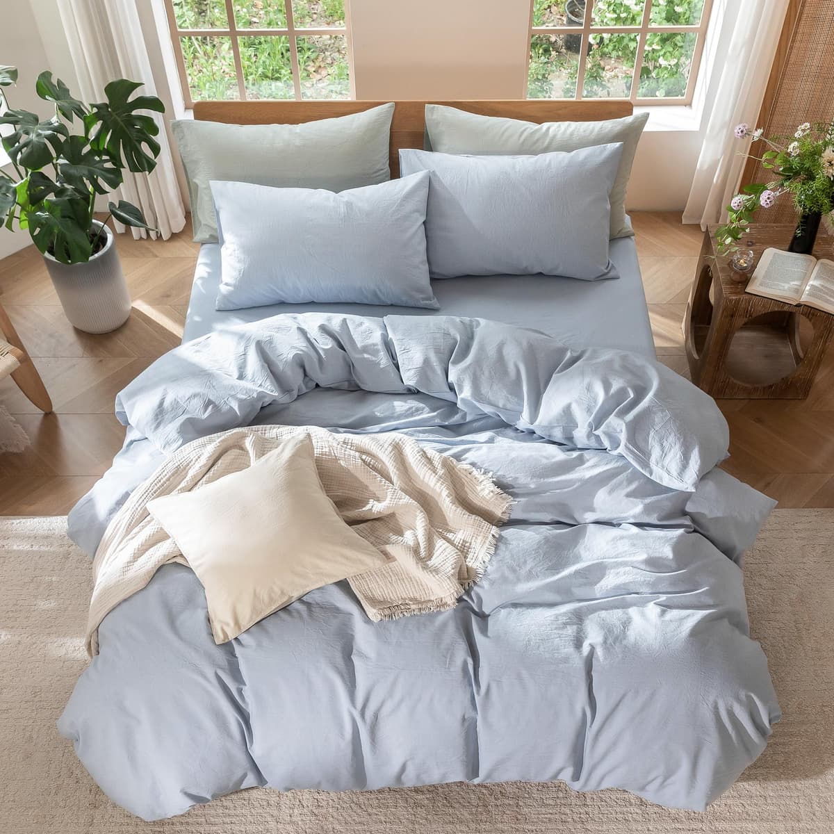 MooMee Bedding Duvet Cover Set 100% Washed Cotton Linen Like Textured Breathable Durable Soft Comfy (Tannish Linen Grey, King) — view 203