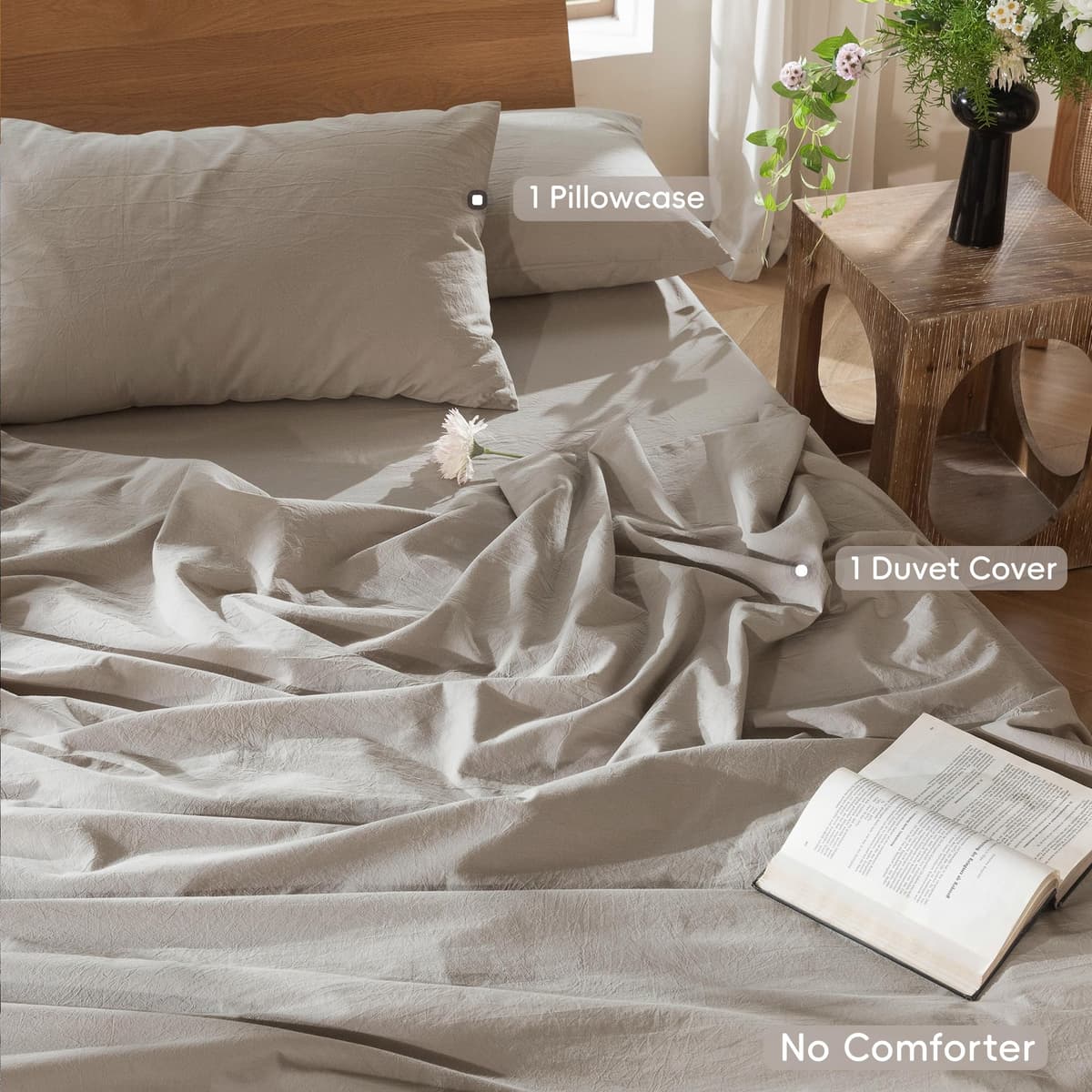MooMee Bedding Duvet Cover Set 100% Washed Cotton Linen Like Textured Breathable Durable Soft Comfy (Tannish Linen Grey, King) — view 274
