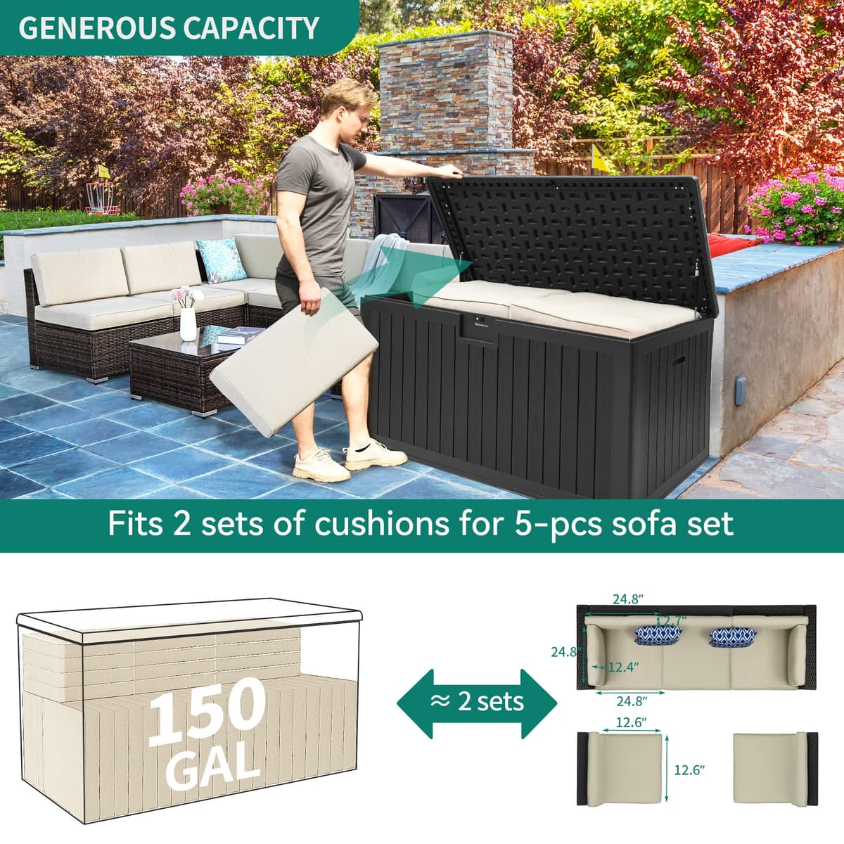 YITAHOME Garden Storage Box Outdoor 567.8L, Heavy-Duty Waterproof Resin Deck Box with Lockable Lid, All-Weather Storage Bench for Patio Furniture, Cushions, Pool & Garden Tools, Black — view 6