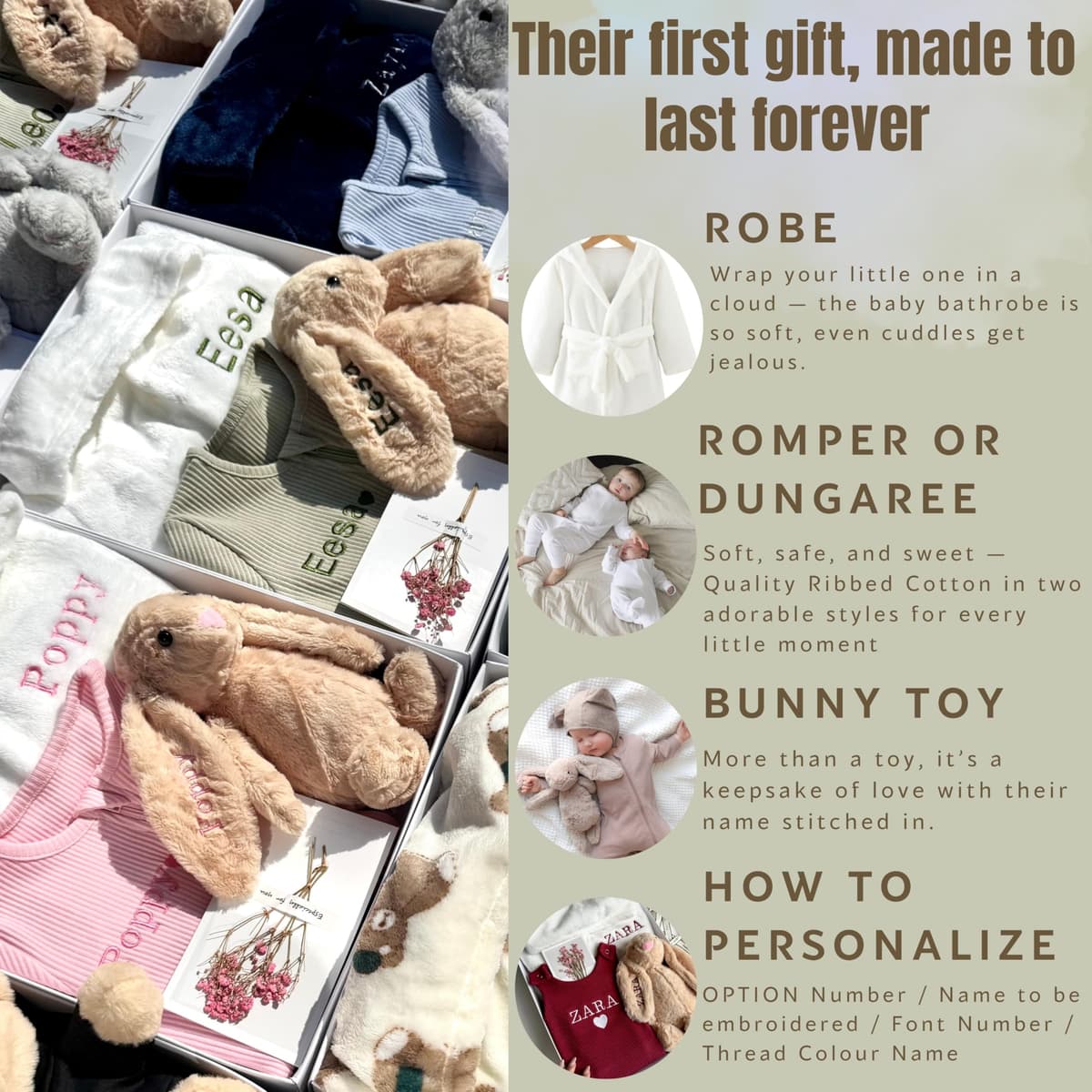 Personalised Baby Gift Set with Box or Without for Baby Boy or Baby Girl, Perfect for Baby Shower Gifts & Christenings with Gift Message Card Ready to Gift (Option 3, 3-6 Months) — view 5