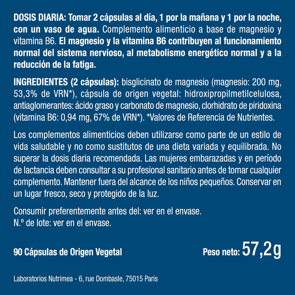 Magnesio Bisglicinato + Vitamina B6 Activa - Máxima Absorción y Tolerancia - Estrés, Fatiga y Calambres - Apoyo Muscular y Nervioso - Vegano, Sin Gluten ni Lactosa - 90 Cápsulas - Nutrimea — view 8