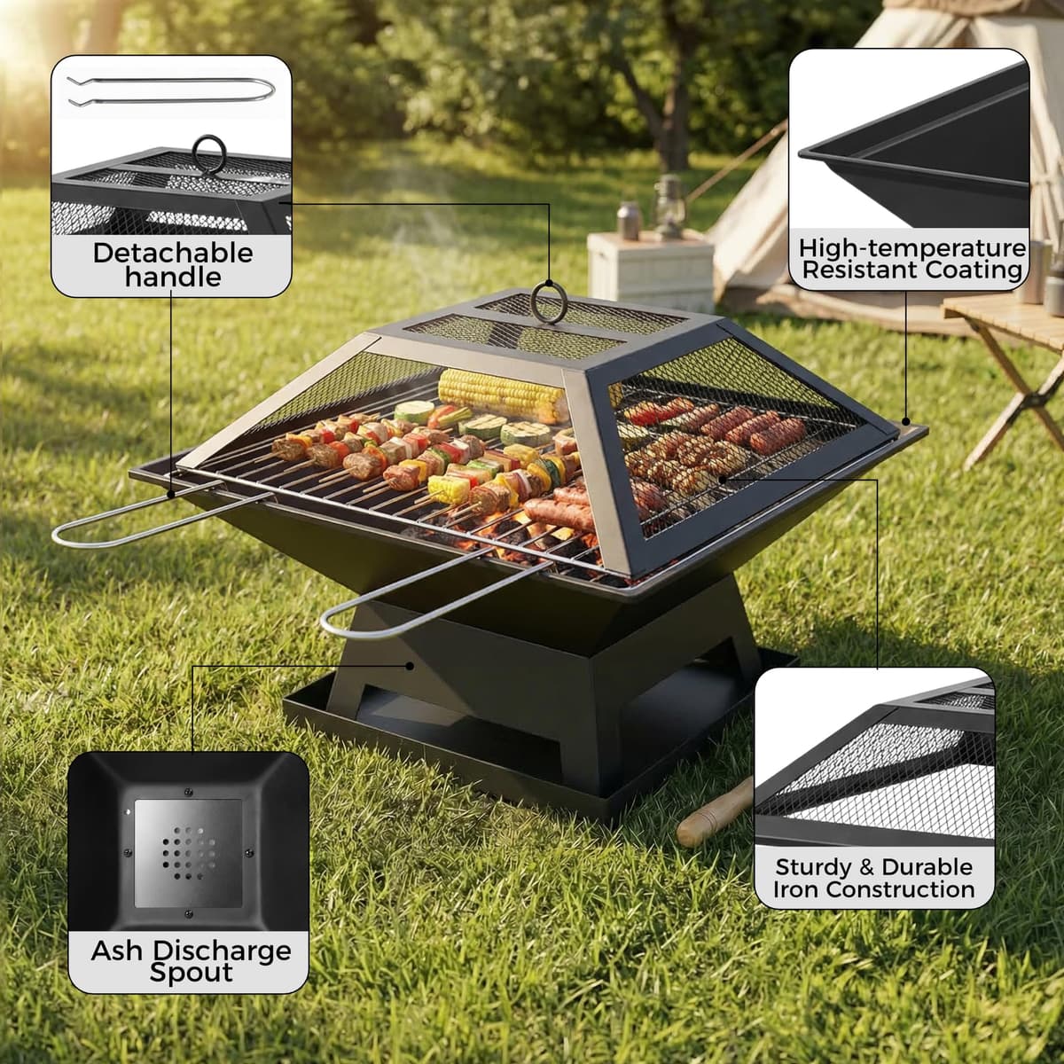 Square Fire Pit with BBQ Grill, Metal Fire Pit BBQ with Mesh Lid & Poker, Outdoor Garden Patio Heater Firepit, Sturdy and Durable Iron Construction - Great for Camping, Picnics or the Garden — view 4