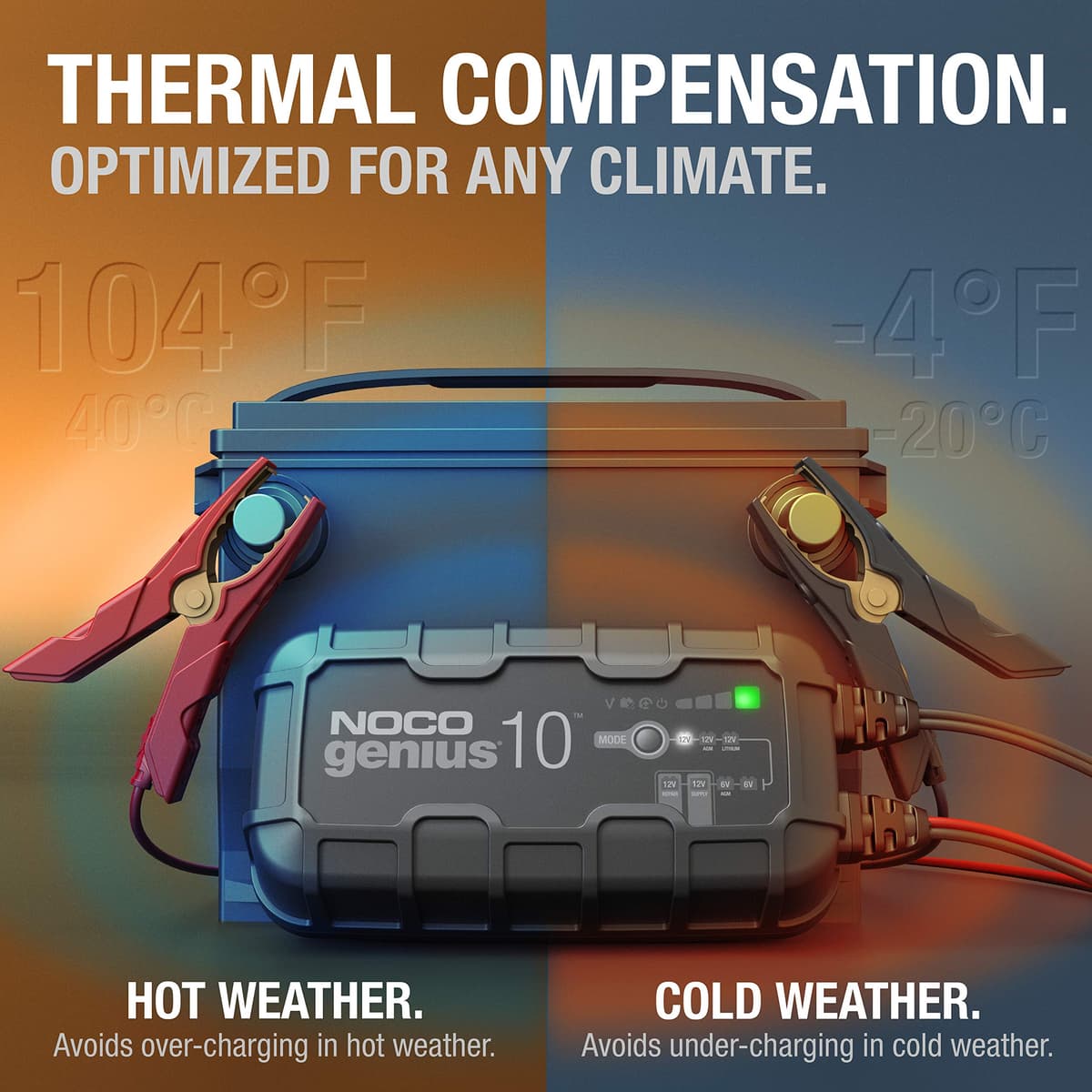 NOCO GENIUS10: 10A 6V/12V Smart Battery Charger – Automatic Maintainer, Trickle Charger & Desulfator with Overcharge Protection & Temperature Compensation – For Lead-Acid & Lithium Batteries — view 4