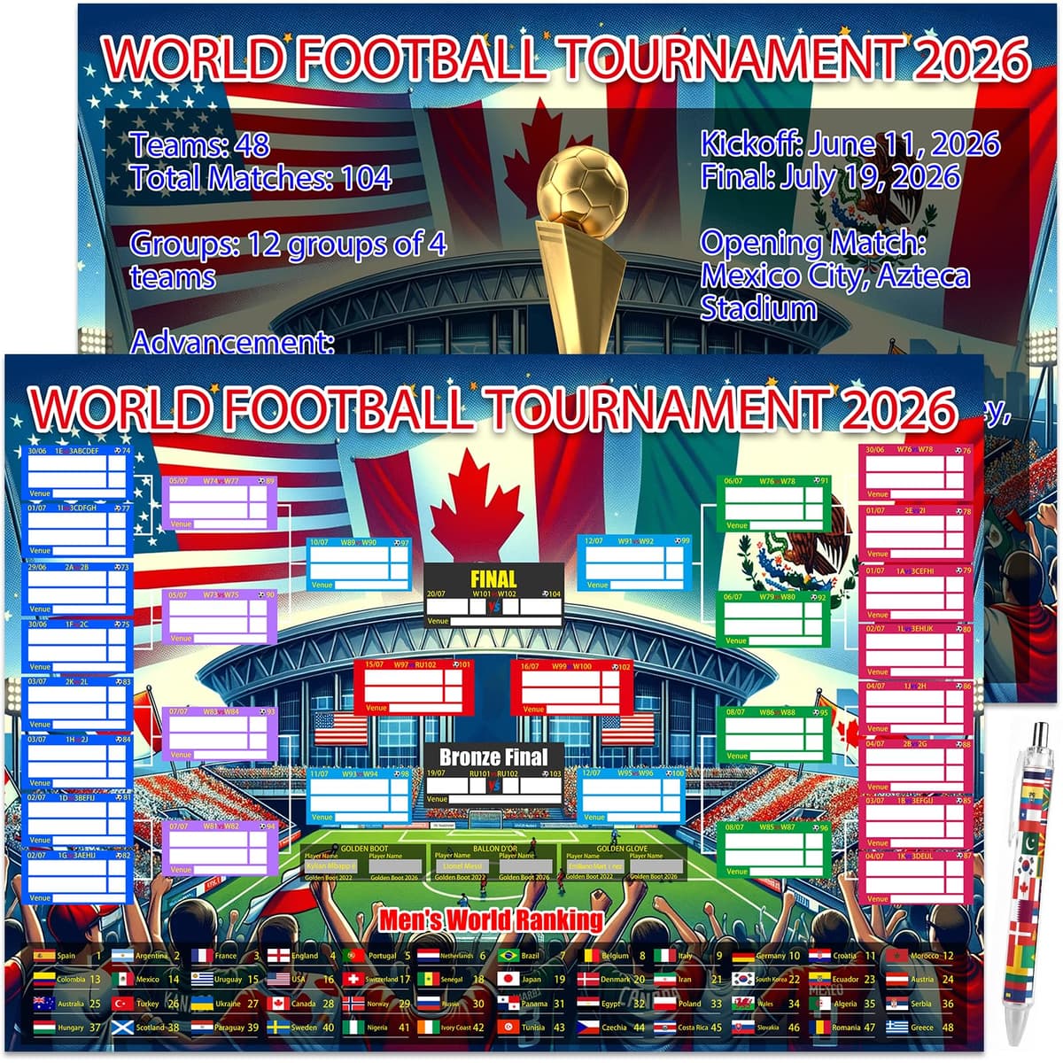 2PCS World Cup Football 2026 Interactive Foldable Poster 2026 World Cup Ball Competition Schedule Includes 8 Double Sided Adhesive Rings And A Flag-Themed Ballpoint Pen Fan Gifts Bar Display 87x58cm