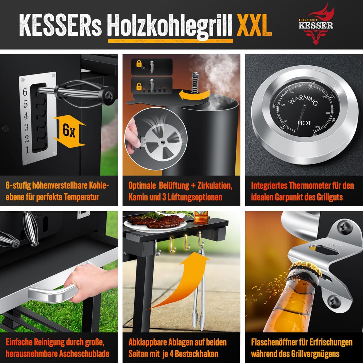 KESSER® Parilla de Carbón con Carrito Grill con Tapa, Ruedas, Mango de Acero Inoxidable | Barbacoa y Termómetro Carbón Grande BBQ Asador Camping, Terraza, Jardín XXL Negro — view 4