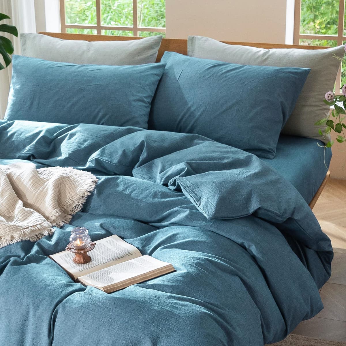 MooMee Bedding Duvet Cover Set 100% Washed Cotton Linen Like Textured Breathable Durable Soft Comfy (Tannish Linen Grey, King) — view 105