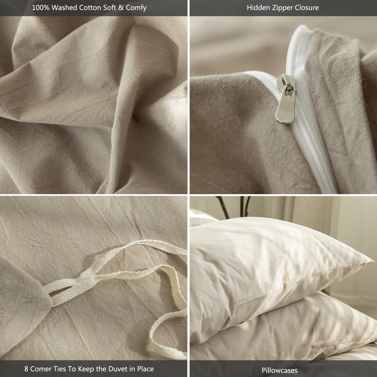MooMee Bedding Duvet Cover Set 100% Washed Cotton Linen Like Textured Breathable Durable Soft Comfy (Tannish Linen Grey, King) — view 63