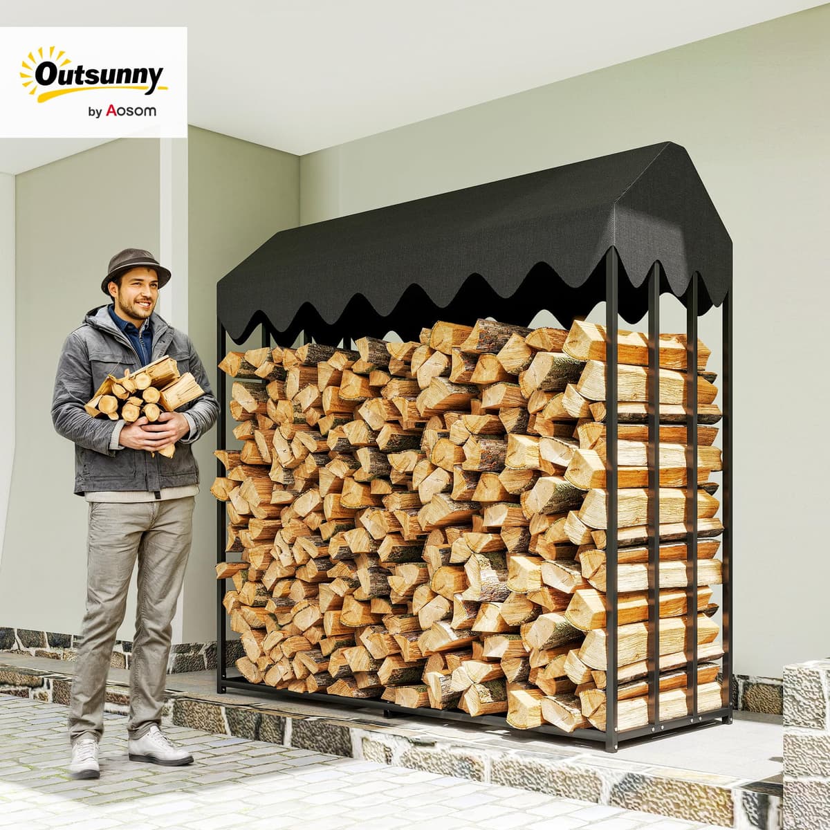 Outsunny Estante de Leña Metálico, 186x70x185 cm, Leñero Exterior con Cubierta Impermeable 600D Oxford, Marco de Acero, Soporte para Leña de Chimenea, para Jardín, Terraza — view 2