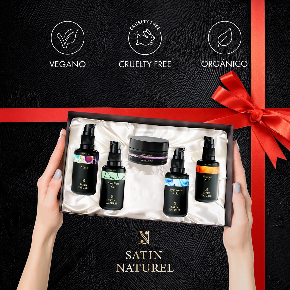 Satin Naturel Set de Regalo de Lujo para Mujer 5x30 ml – Gel de Aloe Vera, Aceite de Argán, Sérum Vitamina C, Sérum Ácido Hialurónico y Crema con Retinol – Cosmética Vegana – Edición Premium — view 4