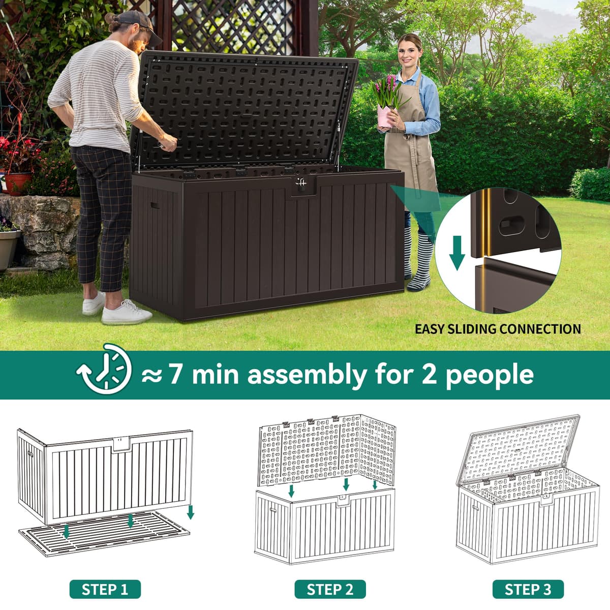 YITAHOME Garden Storage Box Outdoor 567.8L, Heavy-Duty Waterproof Resin Deck Box with Lockable Lid, All-Weather Storage Bench for Patio Furniture, Cushions, Pool & Garden Tools, Brown — view 6