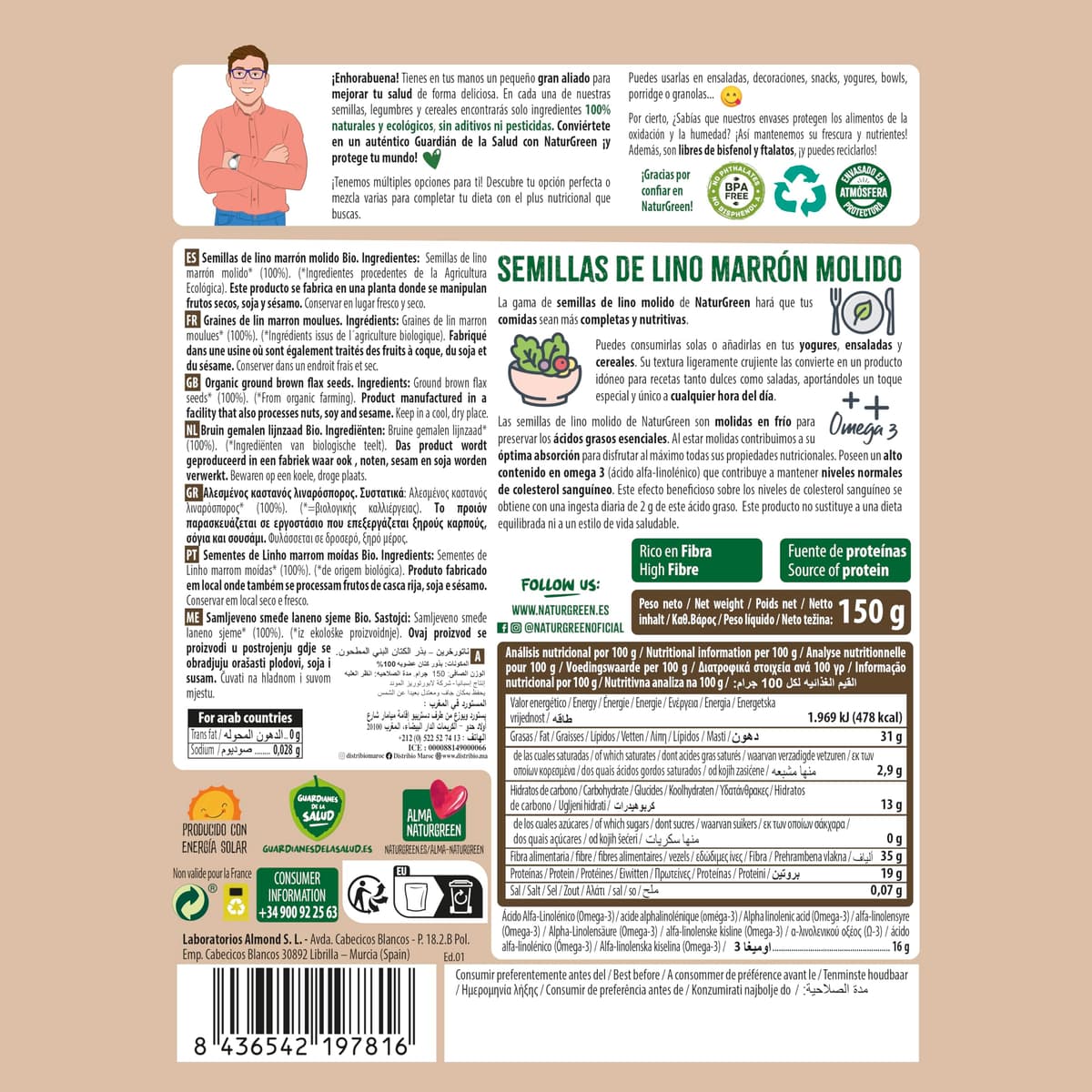 NaturGreen - Semillas Lino Marrón Molido Bio, Molido en Frío, Sin Gluten, 100% Vegetal, Ecológicas, Rico en Omega 3 y Fibra, Fuente de Proteínas, Sin Azúcares Añadidos, 150 g — view 4