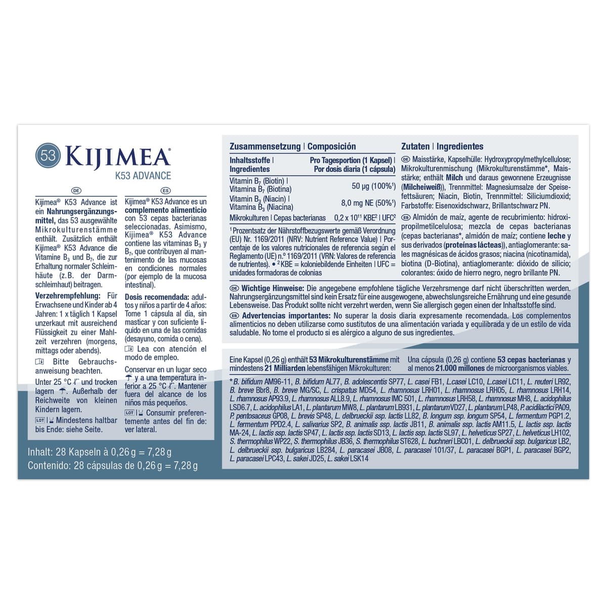 Kijimea K53 Advance - Cápsulas de bacterias intestinales de alta dosis, 53 cepas de microcultivos seleccionadas de la flora intestinal, con biotina, >500 mil millones de UFC por paquete - 28 cápsulas — view 5