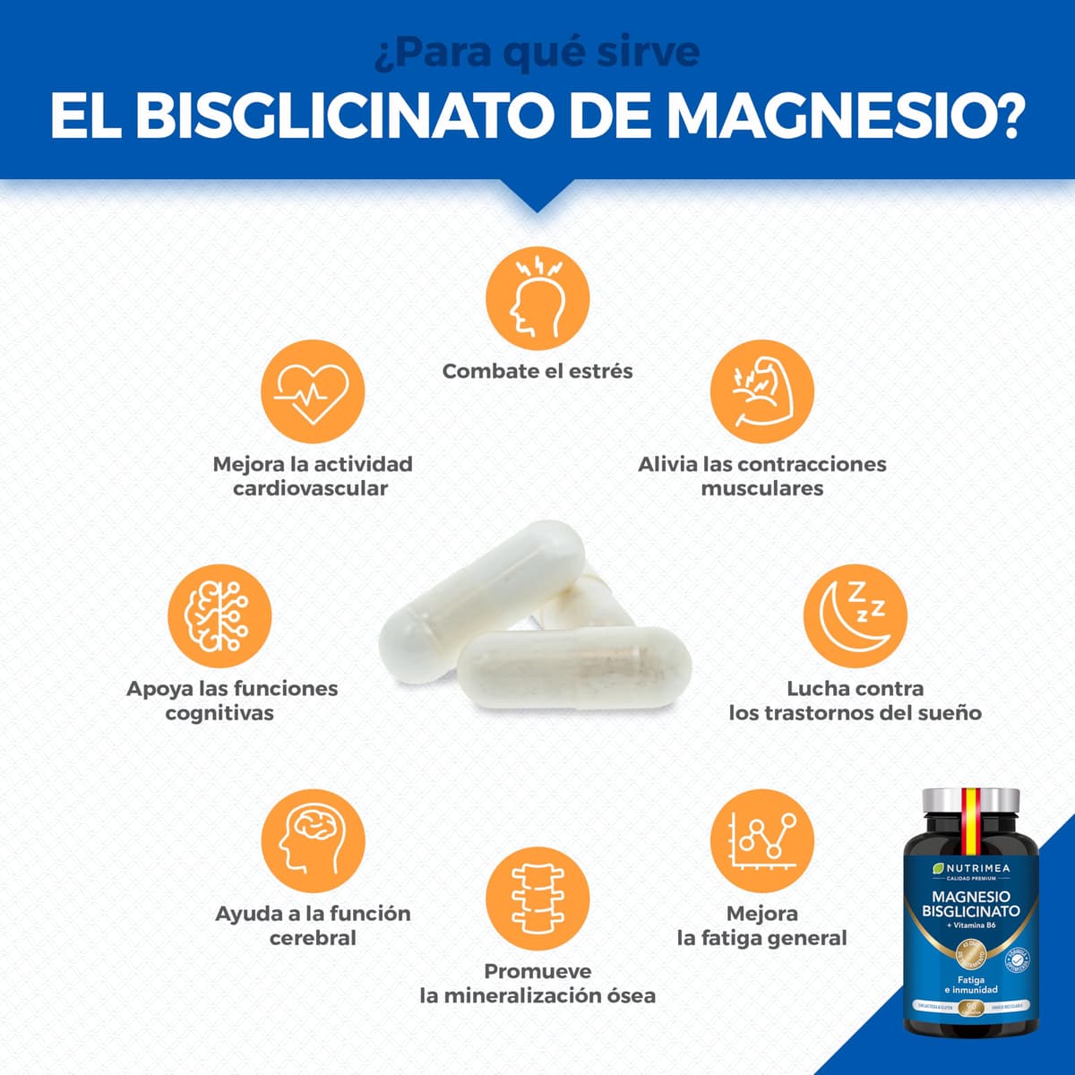 Magnesio Bisglicinato + Vitamina B6 Activa - Máxima Absorción y Tolerancia - Estrés, Fatiga y Calambres - Apoyo Muscular y Nervioso - Vegano, Sin Gluten ni Lactosa - 90 Cápsulas - Nutrimea — view 2