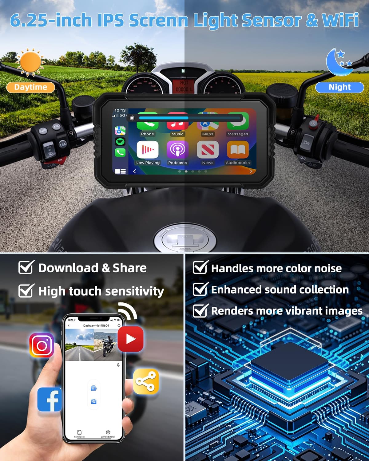 4K Carplay Moto Android Auto 6.25 Pulgadas Pantalla TáCtil con Dashcam Delantera Trasera, Navegador GPS Moto Conectar y Usar IP67 Impermeable Doble Bluetooth Siri/Goo.gle Assistant — view 4
