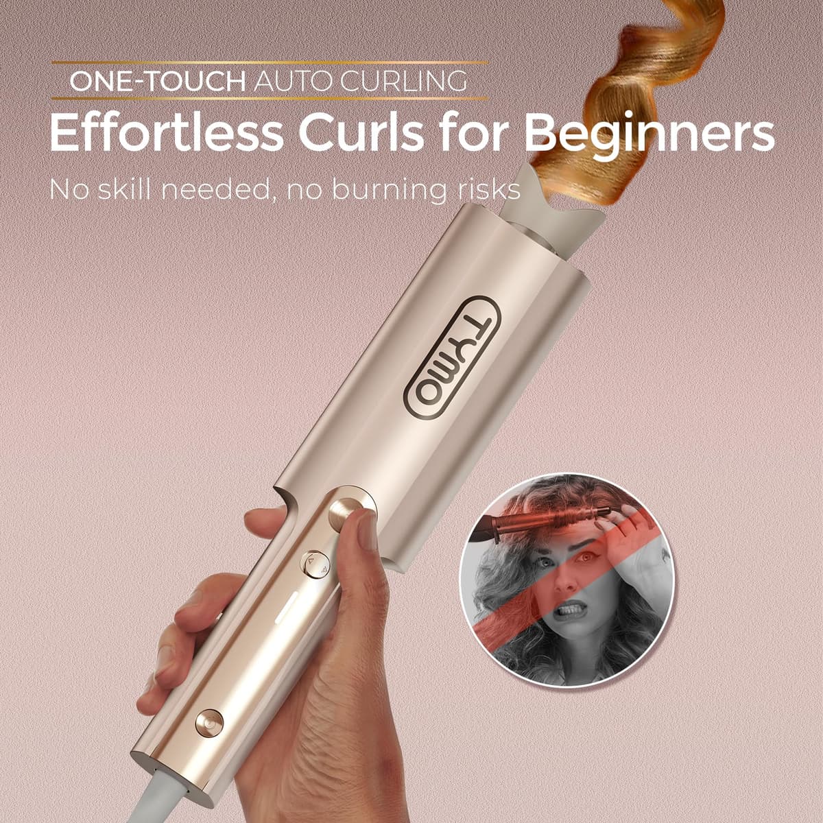 TYMO CurlPro Plus Hair Curler Automatic Rotating - Long Barrel Curling Wand for Long Hair, Ceramic Curling Iron for Women, Anti-Scald, Tangle-Free, 600M Ionic, Dual Voltage, UK Plug, Gold, 32 mm — view 2