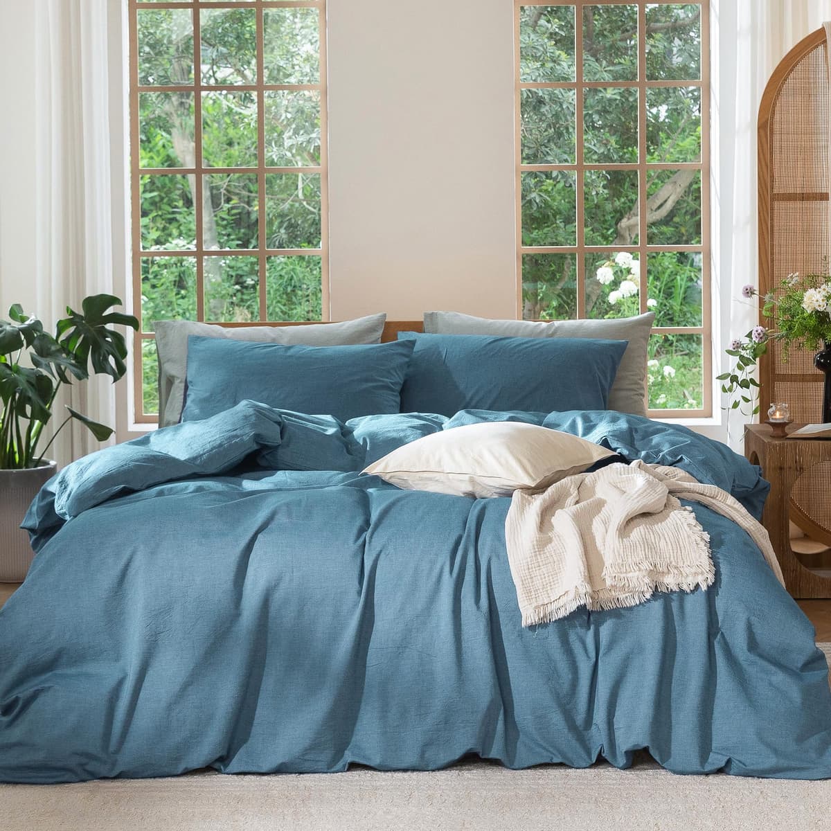 MooMee Bedding Duvet Cover Set 100% Washed Cotton Linen Like Textured Breathable Durable Soft Comfy (Tannish Linen Grey, King) — view 100
