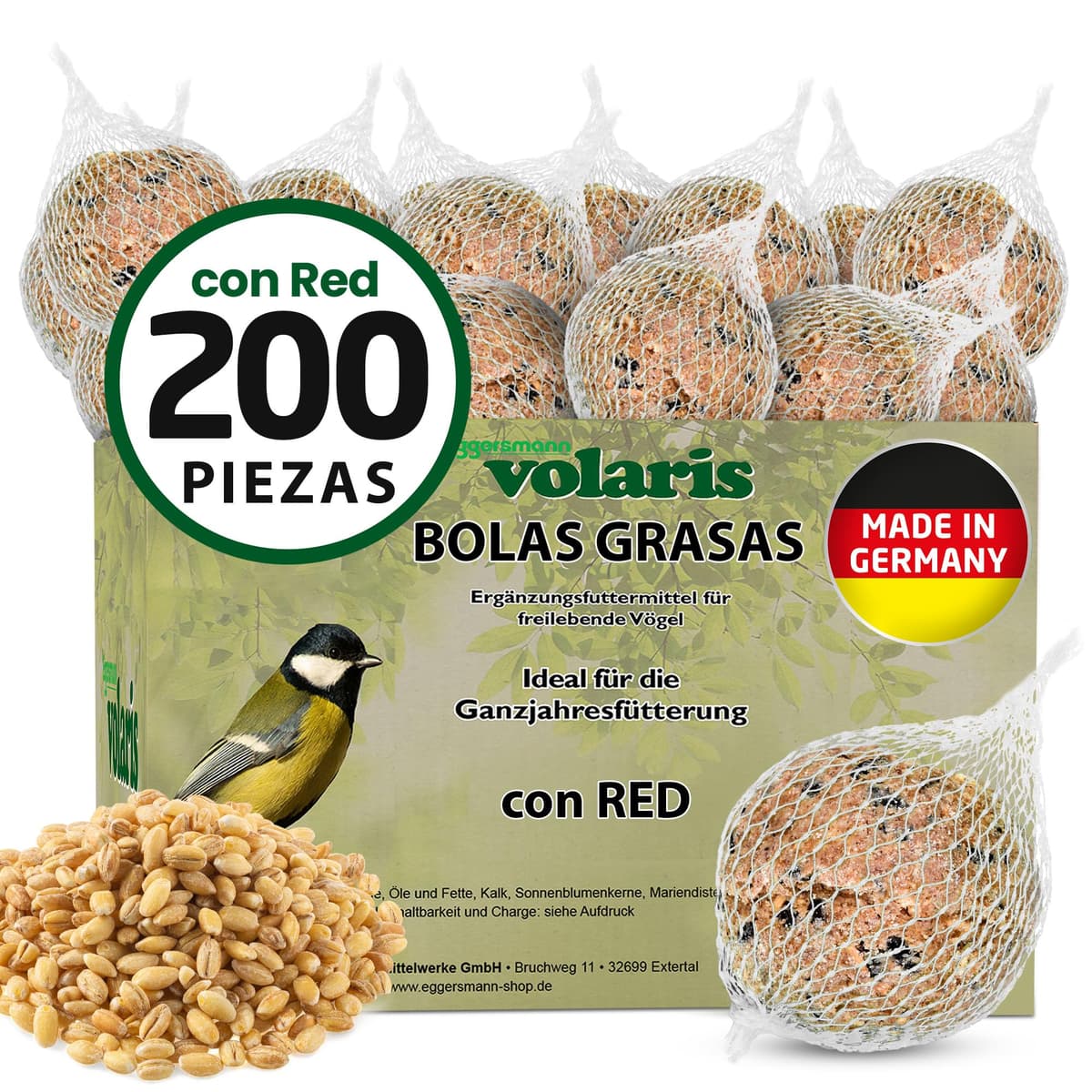 Eggersmann volaris Meisenknödel con red 200 piezas [MEISENkugeln] 18 kg – Alimento para pájaros silvestres – Bollas nutritivas para todos los pájaros de jardín – Meisenknödel en red todo el año y