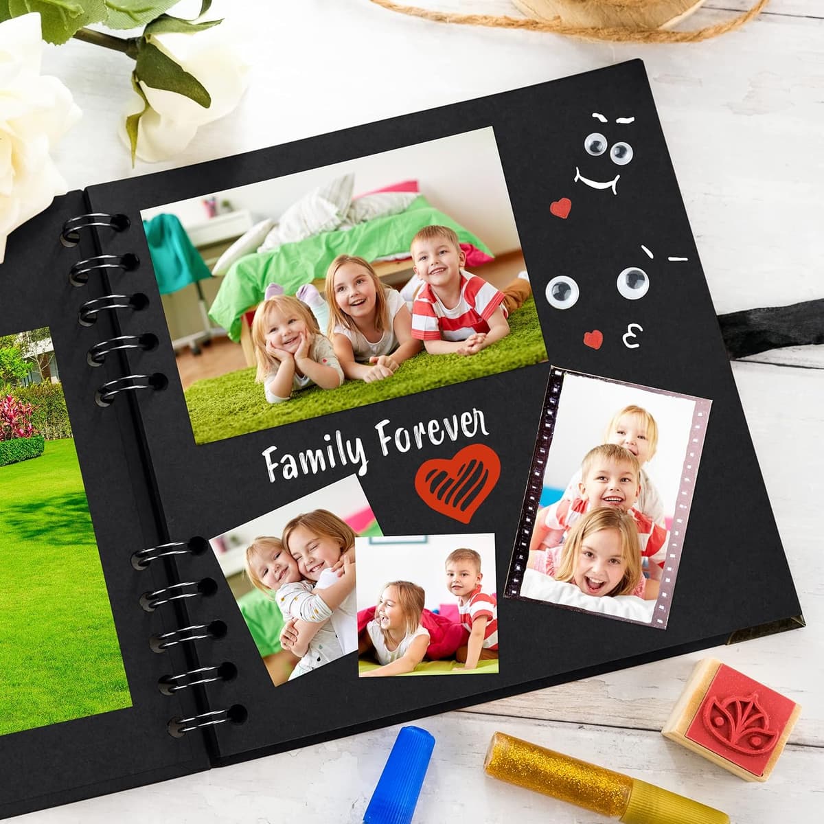 Bstorify Square Scrapbook Photo Albums 36 Pages (18 x 18 cm) Black Thick 250gsm Kraft Paper Scrap Book, Ribbon Closure - Idea — view 4