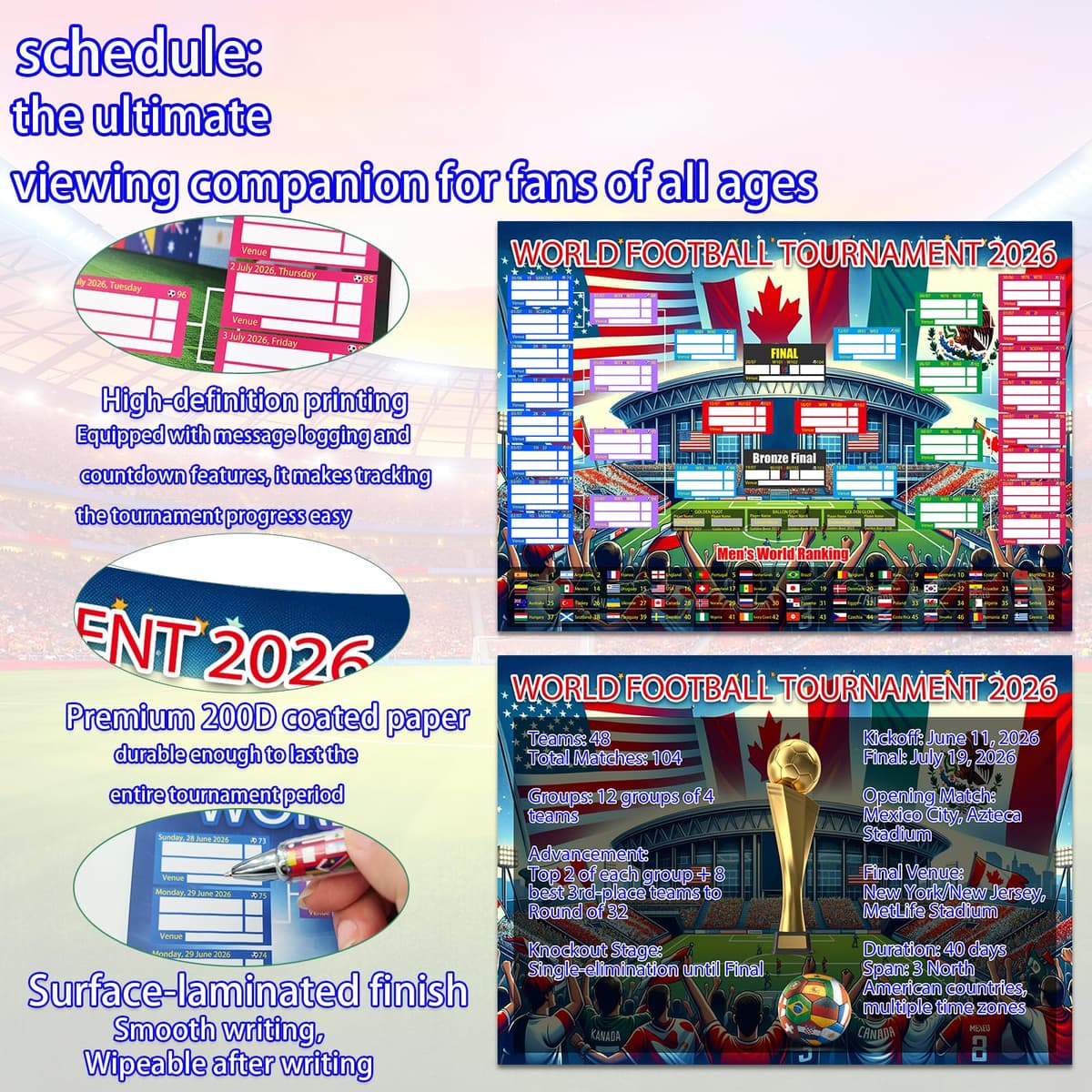 2PCS World Cup Football 2026 Interactive Foldable Poster 2026 World Cup Ball Competition Schedule Includes 8 Double Sided Adhesive Rings And A Flag-Themed Ballpoint Pen Fan Gifts Bar Display 87x58cm — view 3