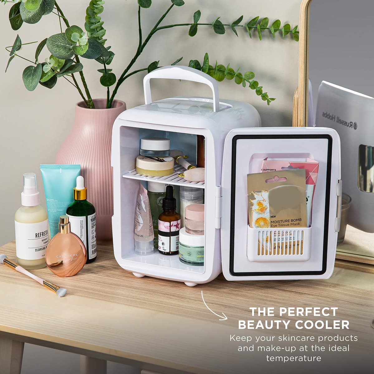 Russell Hobbs RH4CLR1001 4L/6 Can Portable Mini Cooler & Warmer for Drinks, Cosmetics/Makeup/Skincare, AC/DC Power, Retro Style, White, For Bedroom, Home, Caravan, Car — view 5