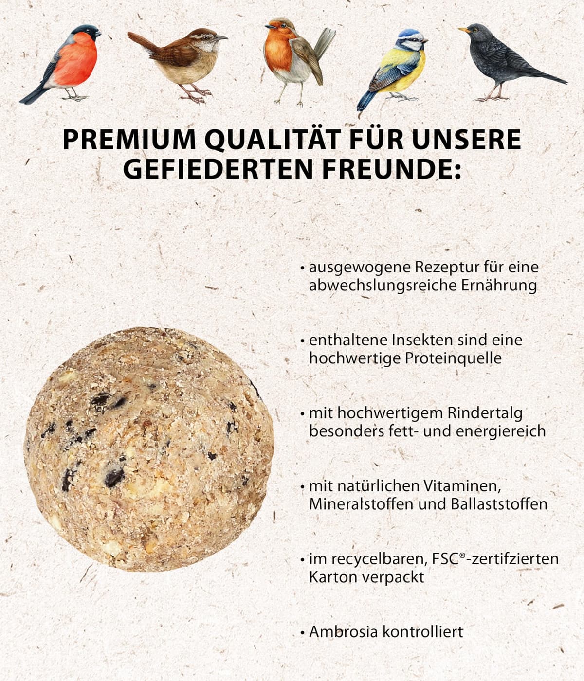 Dehner Natura Premium - Bola de Masa para carbonero con Red, Bolas de Insectos, alimento para Aves Silvestres Durante Todo el año, Rico en proteínas, Alto en energía, 30 Unidades de 90 g (2,7 kg), — view 3