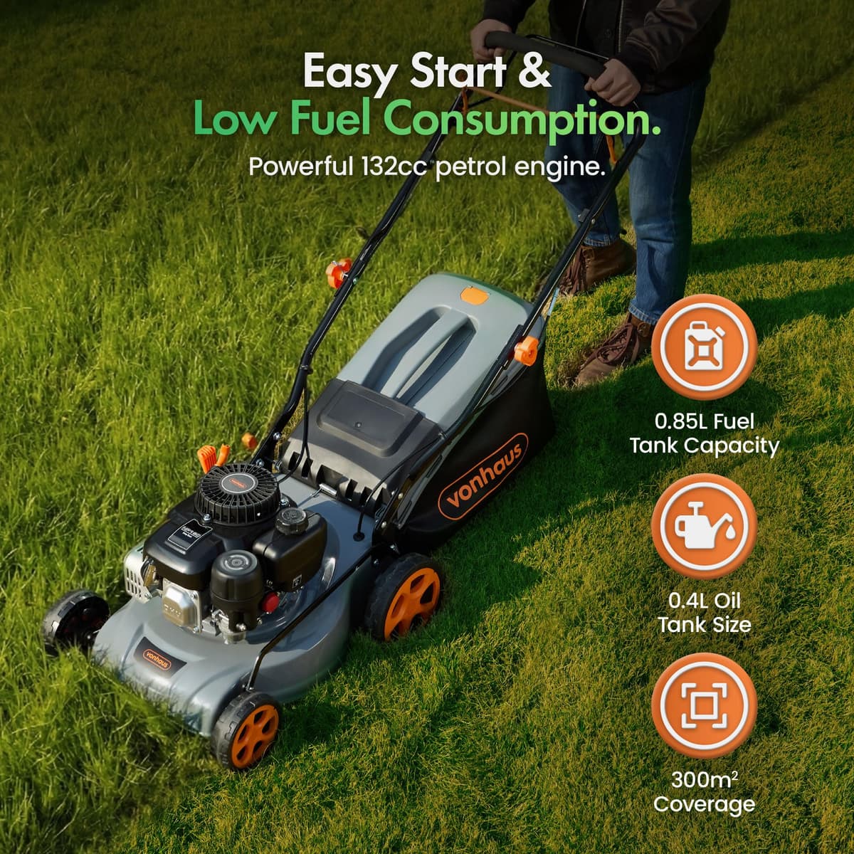 VonHaus Petrol Lawnmower 132cc – Self Propelled Lawn Mower for All Types of Grass/Gardens – 40L Collection Bag, 40cm Working Width, 7 Height Settings — view 2
