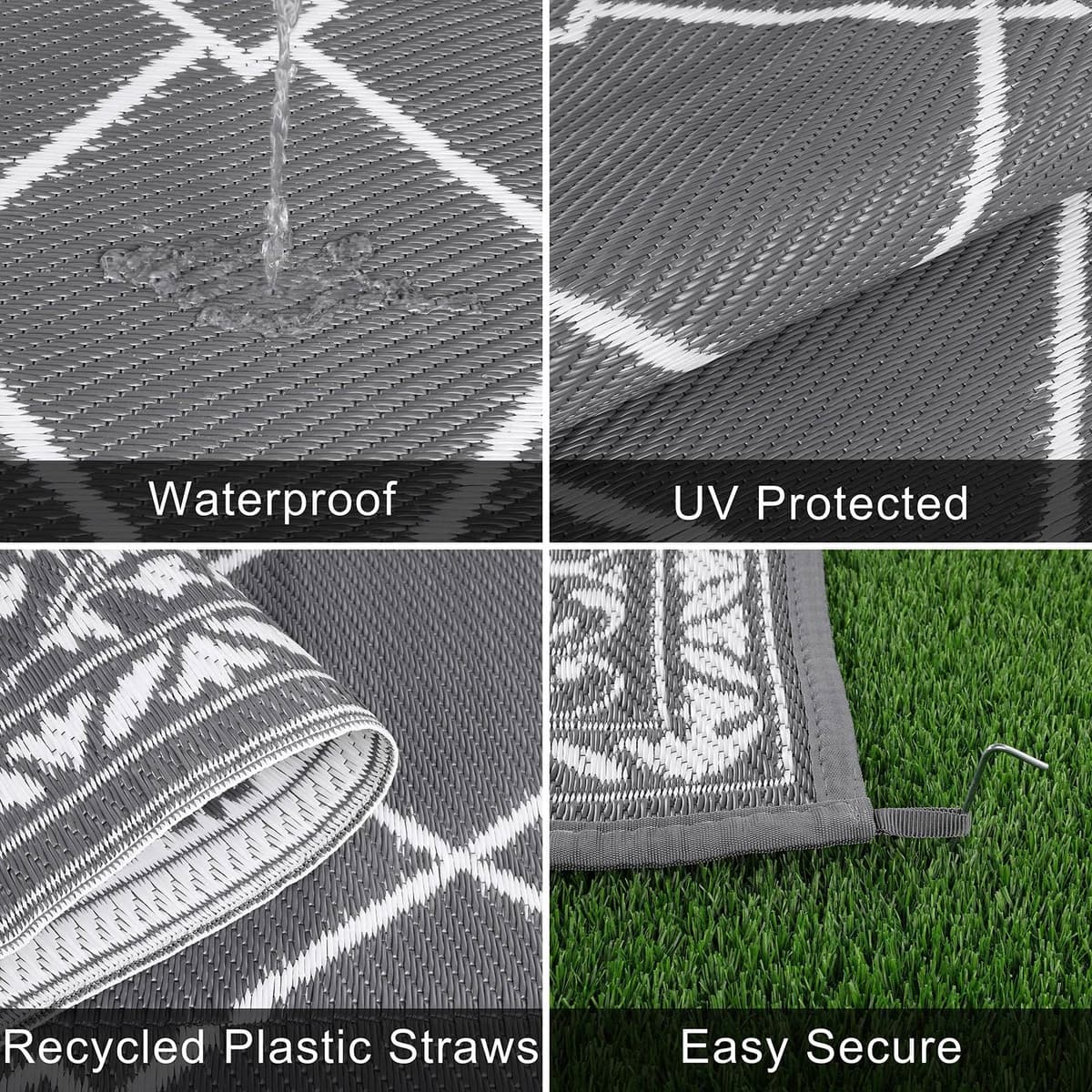 SHACOS Outdoor Rug for Patios Waterproof 240x300 cm Reversible Garden Rug Patio Rugs UV Resistant Foldable Outdoor Carpet Mat Plastic Straw Rugs for Balcony Decking Camping Beach, Grey — view 3