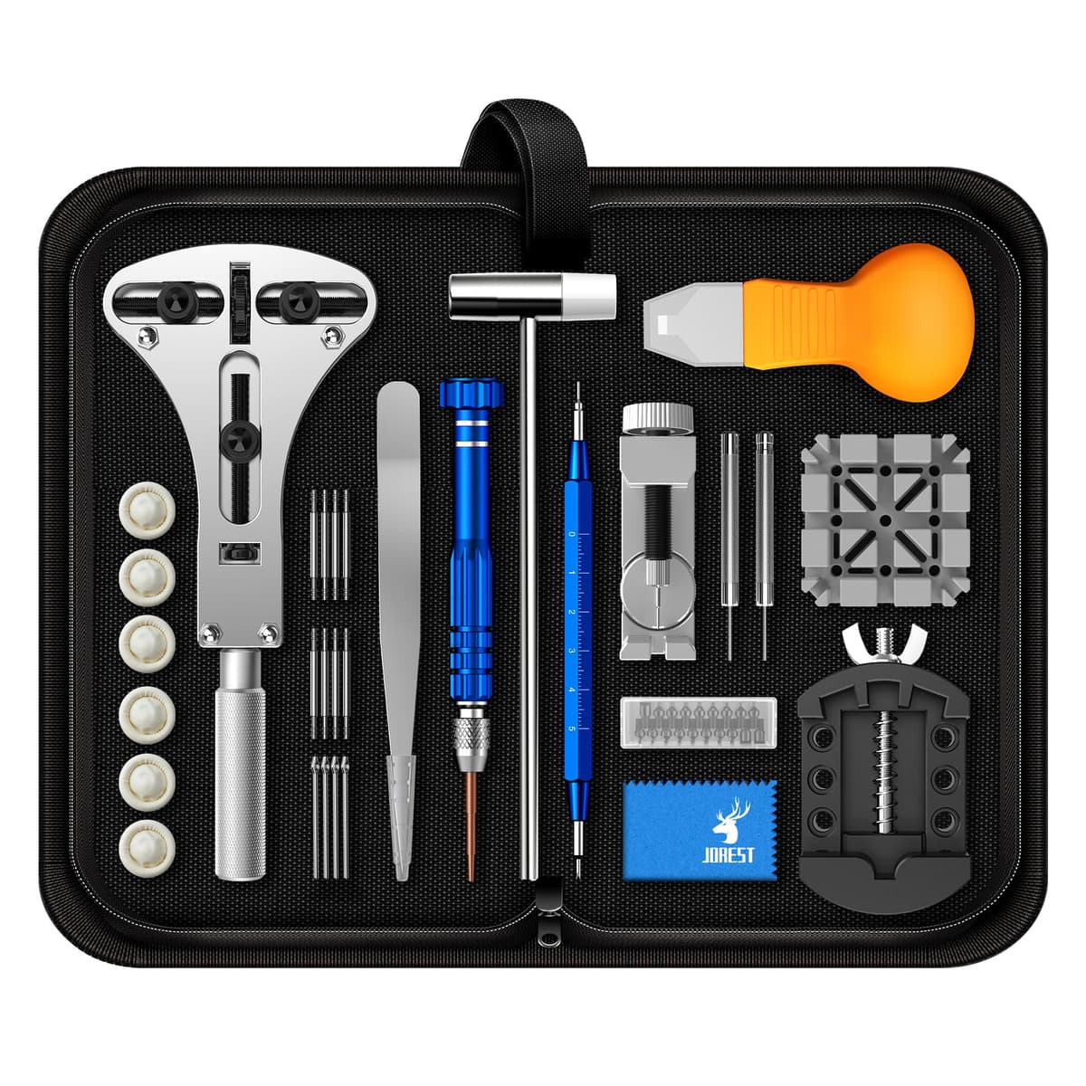 JOREST Kit Reparacion Reloj con Prensa Tapa Reloj, Herramientas Abrir Caja Relojero, Cambiar Pilas Relojes, Abridor Llaves Reloj, Destornillador, Ajustar/Acortar Correas Relojes, Quitar Eslabones — view 10