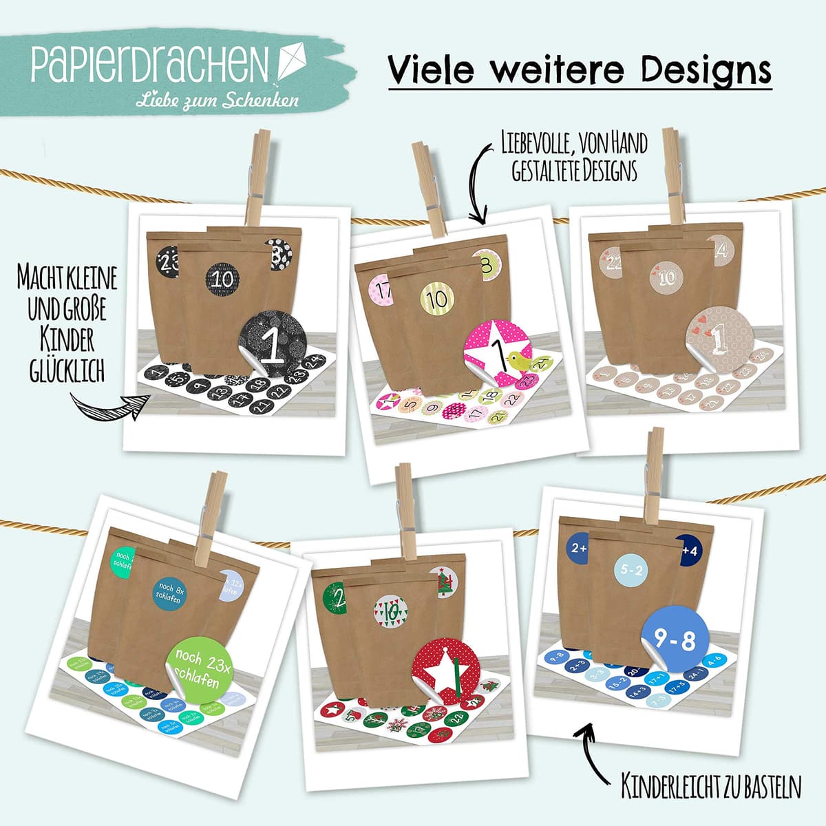 Calendario de Adviento DIY para rellenar - con 24 bolsas de papel marrón y 24 pegatinas rojo-verde - para bricolaje y manualidades - Mini Set Nr 17 - Navidad 2021 para niños — view 5