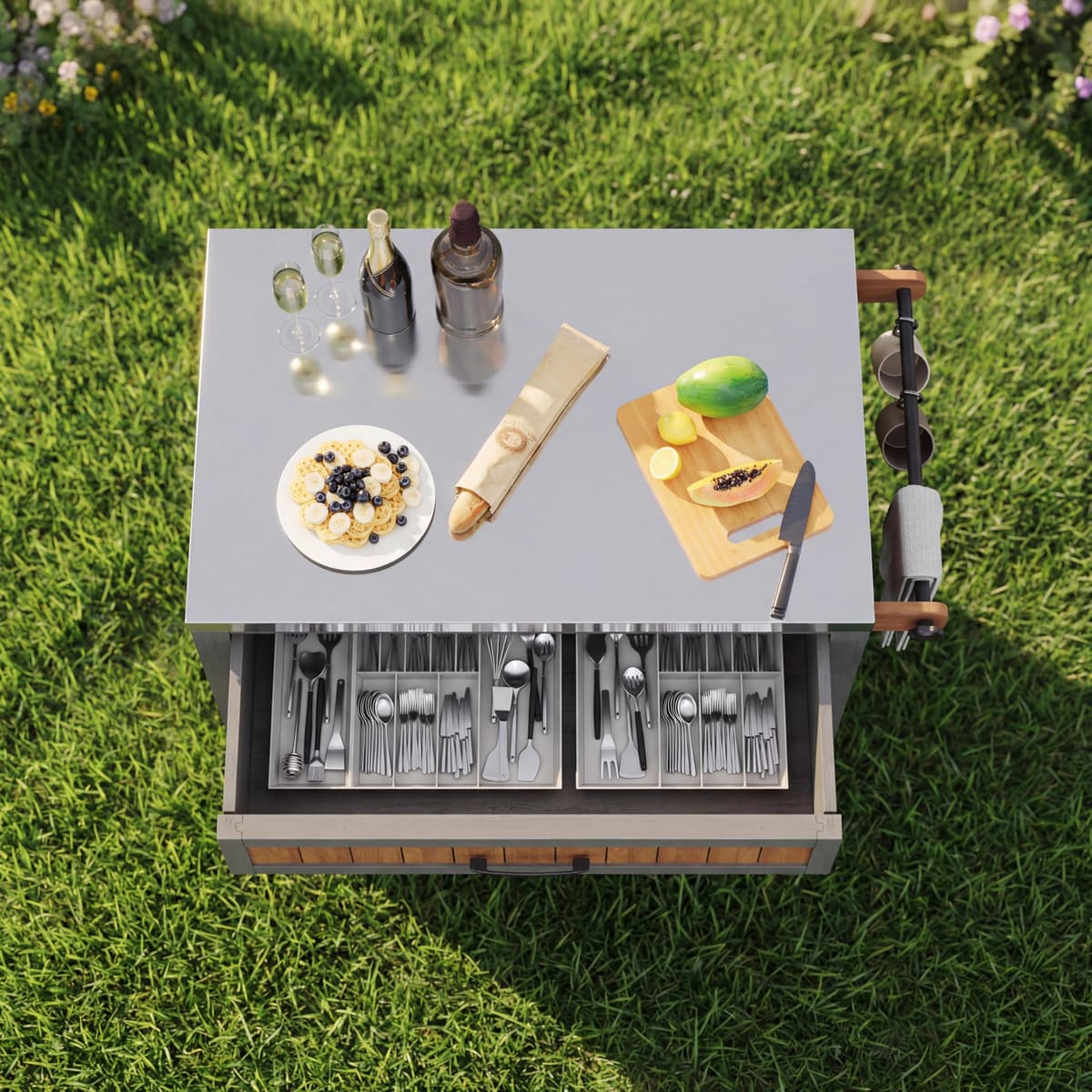 Merax Outdoor Kitchen Unit, Rustic, 80x51x91.5cm, Natural F, Solid Wood, with Wheels, Stainless Steel Worktop, Drawer, Double Shelf, Towel Rack — view 3