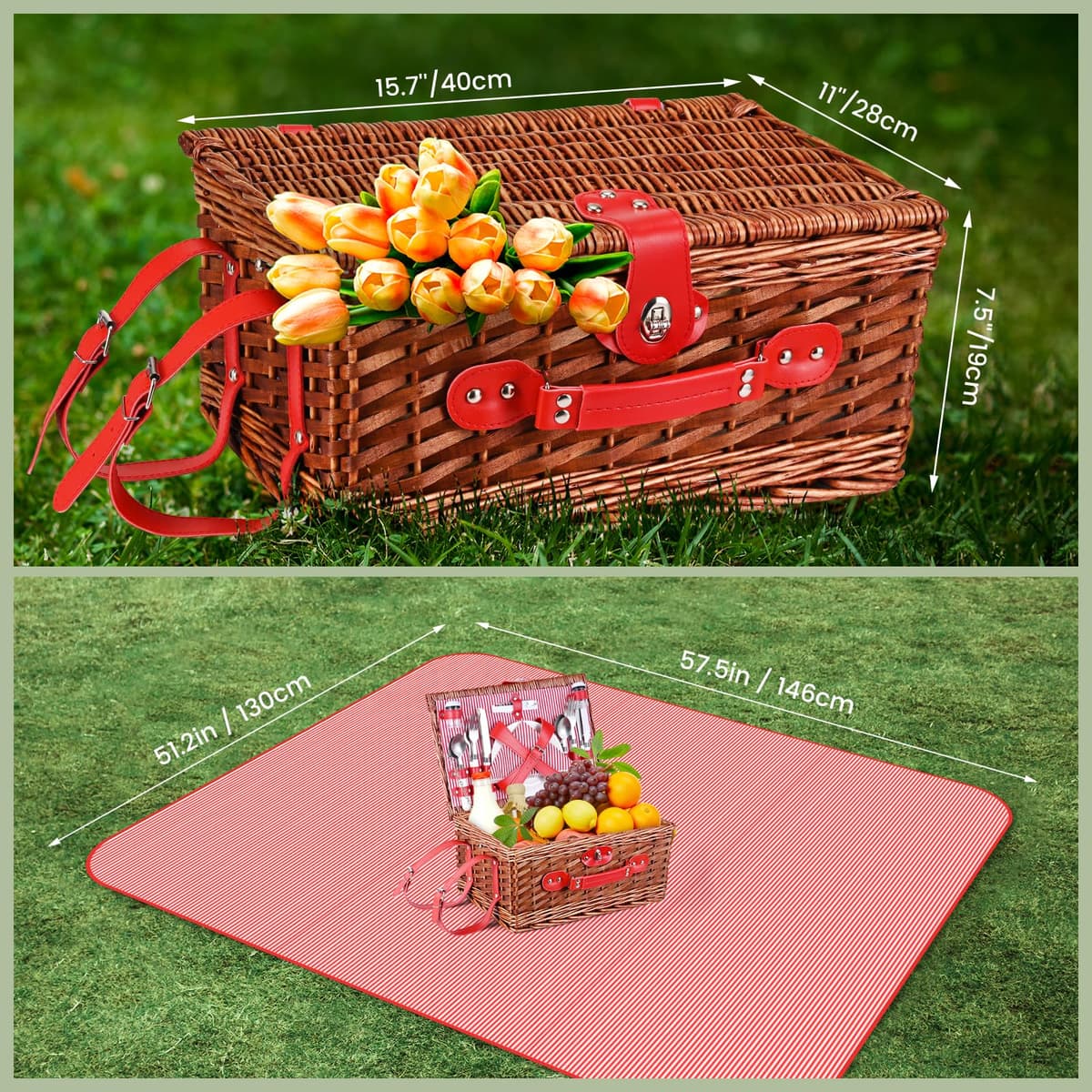 Cesta Picnic 4 Personas,Set de Picnic de Mimbre con Manta de Picnic Impermeable y Juego de Cubiertos, Cesta de Picnic para Camping,Rosa — view 4