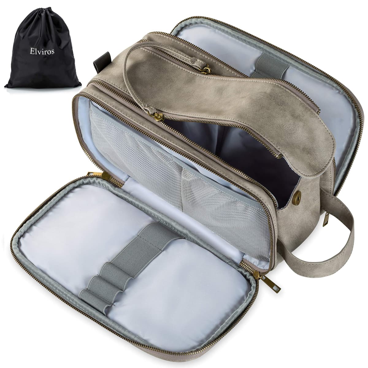 Elviros Water-Resistant PU Leather Toiletry Bag for Men Large Travel Wash Bag Shaving Dopp Kit Bathroom Gym Toiletries Makeup Organizer with Wet Dry Bag,Gift for Men — view 17