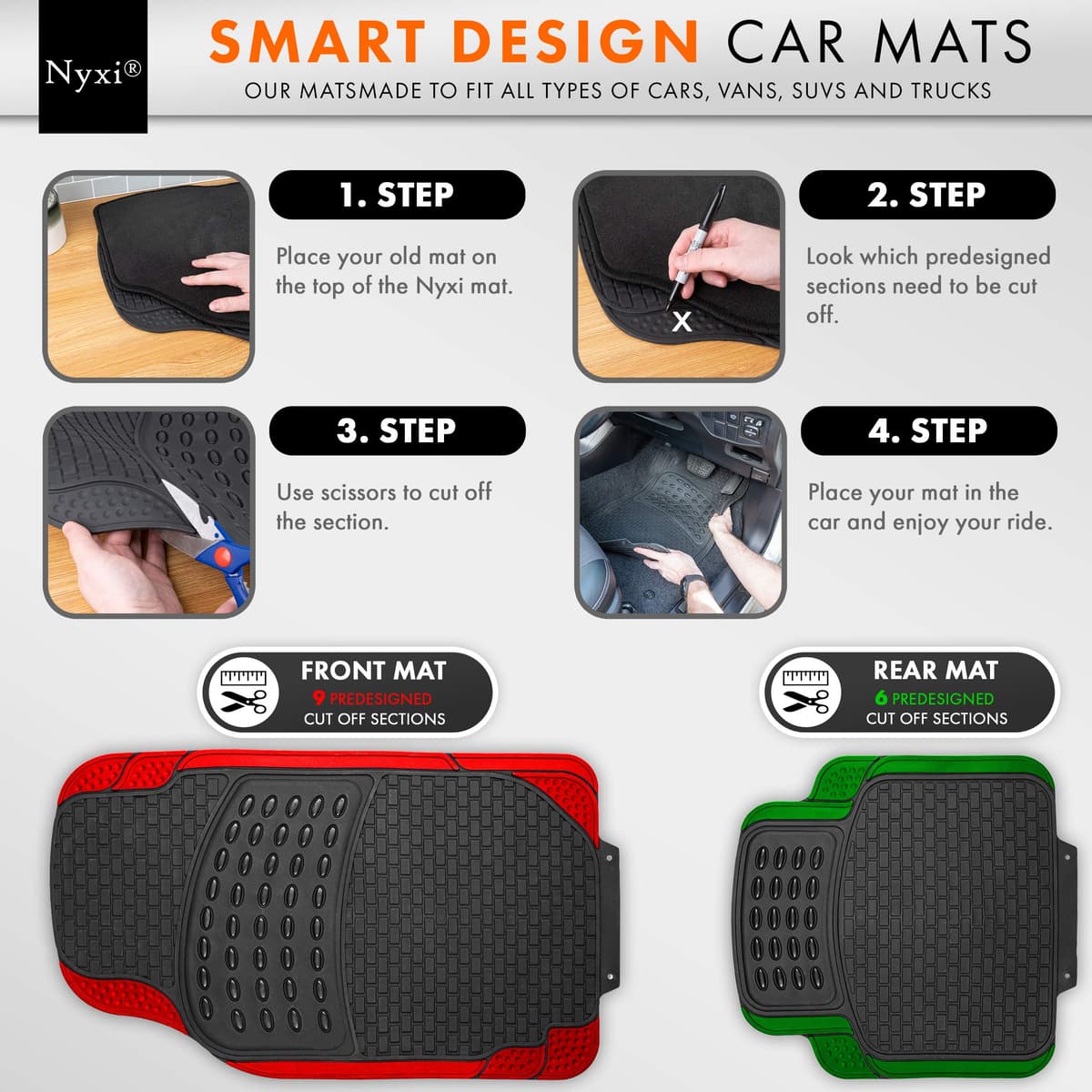 Nyxi 5 Piece Rubber Car Mat XL Boot Mat (Front + Rear + Boot Mat 137cm X 110cm) Universal Non-Slip Deep Dish Heavy Duty for Cars SUV Truck and VAN, Water Proof, All Weather — view 4