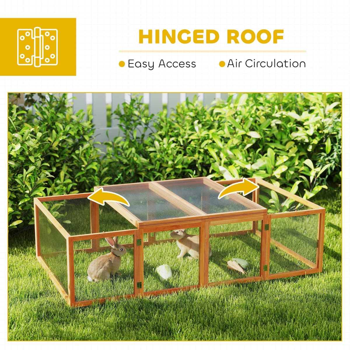 Pawhut Rabbit Run Wooden Rabbit Hutch Cage 6ft with Wire Mesh, Openable Roof, Play Space for Outdoor, 181 x 100 x 48 cm, Natural Wood Finish — view 3