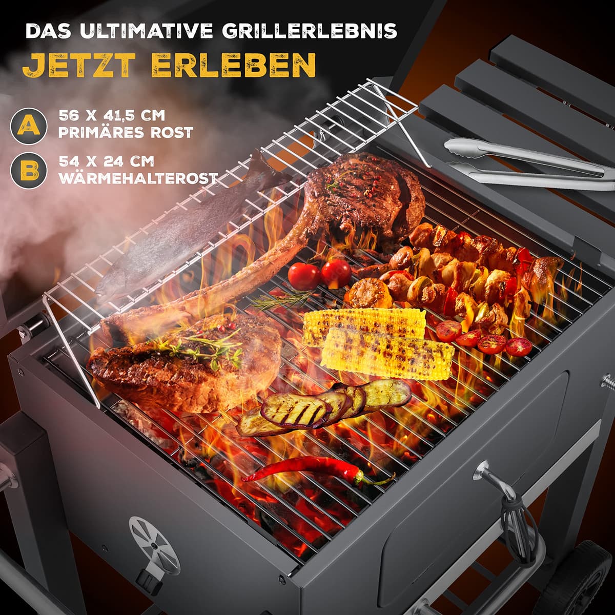 KESSER® Parilla de Carbón con Carrito Grill con Tapa, Ruedas, Mango de Acero Inoxidable | Barbacoa y Termómetro Carbón Grande BBQ Asador Camping, Terraza, Jardín XL Gris — view 4