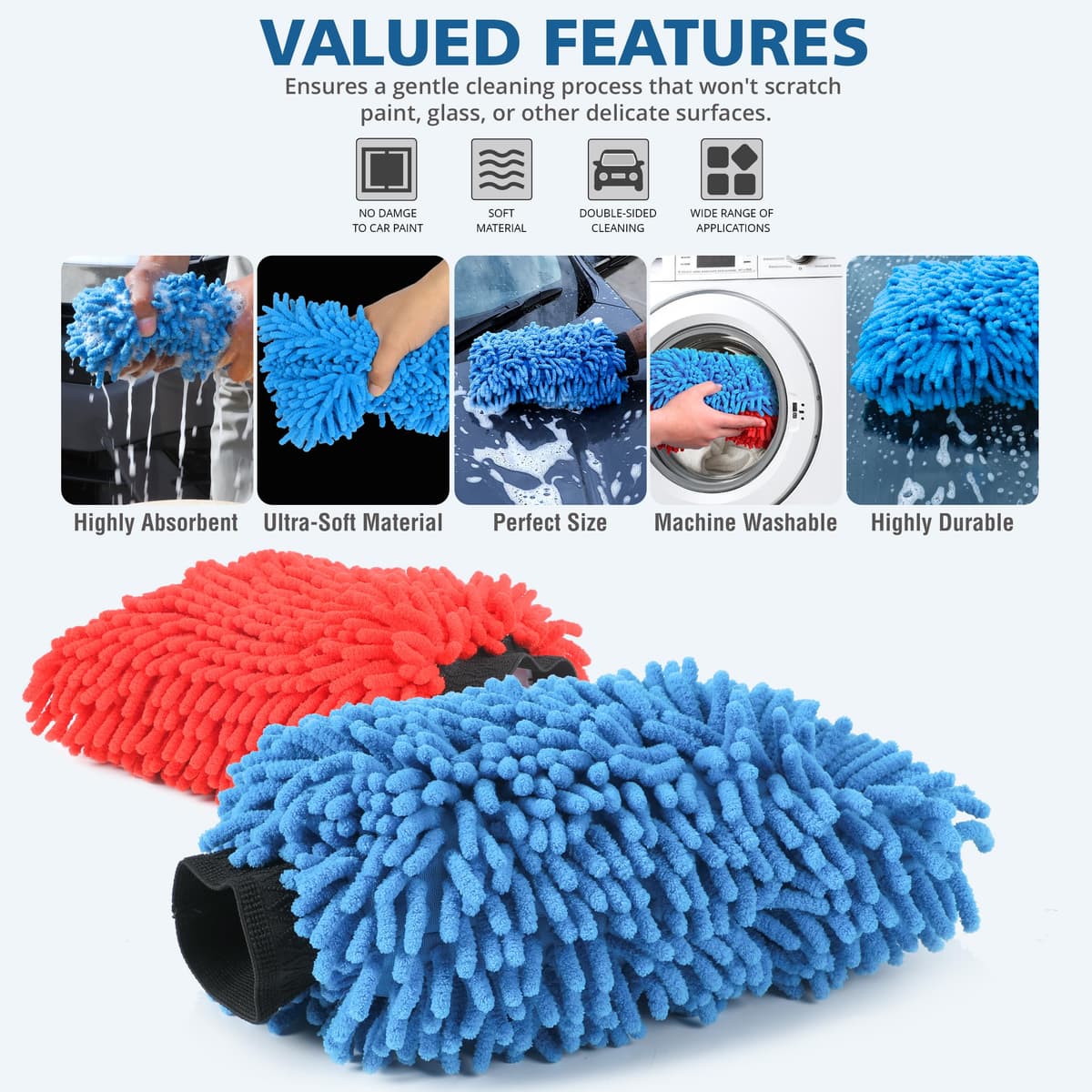 Microfibre Car Wash Mitt - Ultra-Soft, Super Absorbent & Scratch-Free Wash Mitt Glove for Car Washing, Lightweight & Durable, Safer Than Sponge & Wash Cloths, Effectively Traps Dirt-2 Pack — view 7