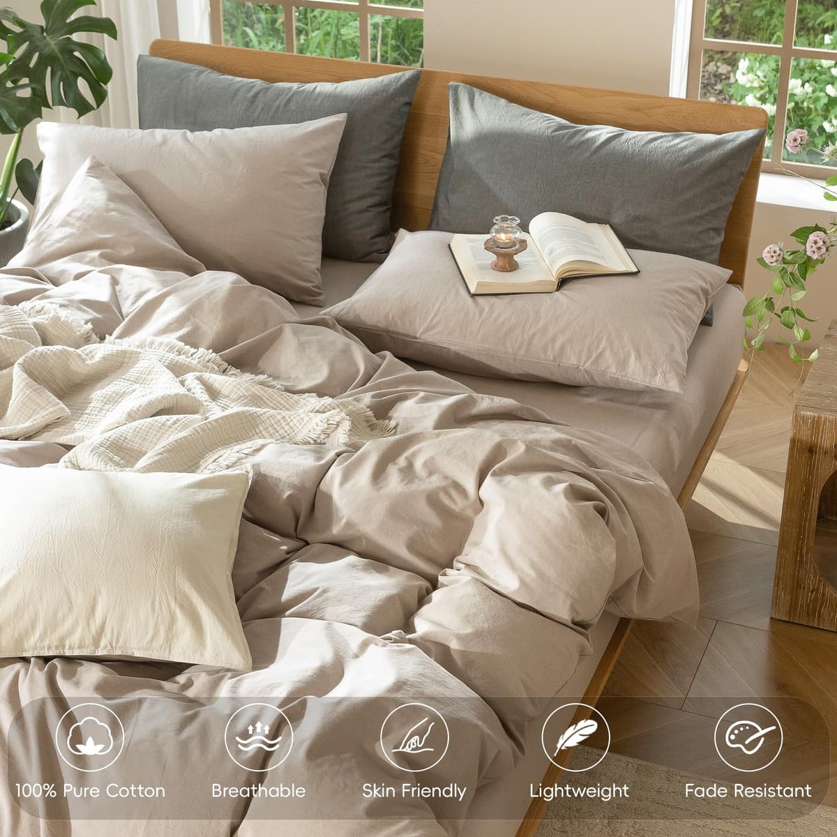 MooMee Bedding Duvet Cover Set 100% Washed Cotton Linen Like Textured Breathable Durable Soft Comfy (Tannish Linen Grey, King) — view 67