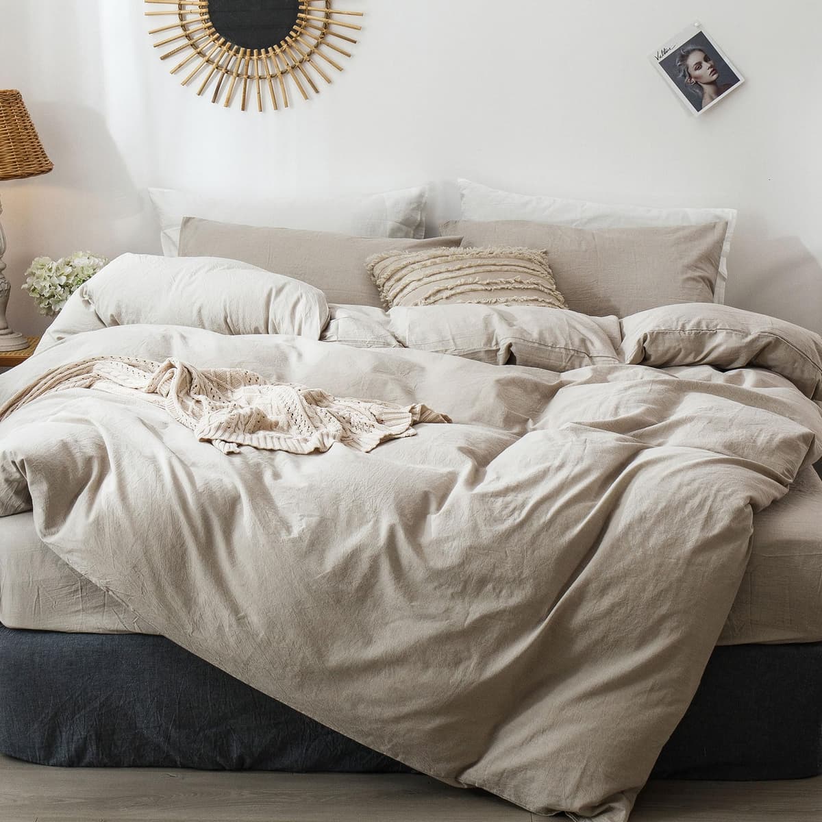 MooMee Bedding Duvet Cover Set 100% Washed Cotton Linen Like Textured Breathable Durable Soft Comfy (Tannish Linen Grey, King) — view 29