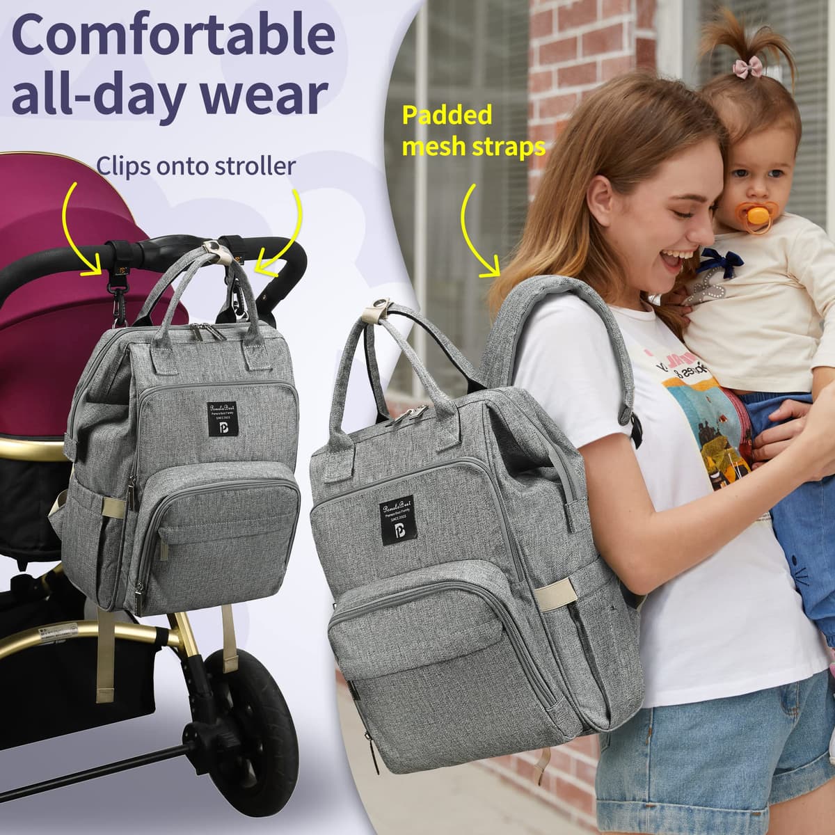Pomelo Best Baby Changing Backpack Stylish Multifunctional Large Nappy Baby Bag with Changing Mat and Stroller Straps — view 3