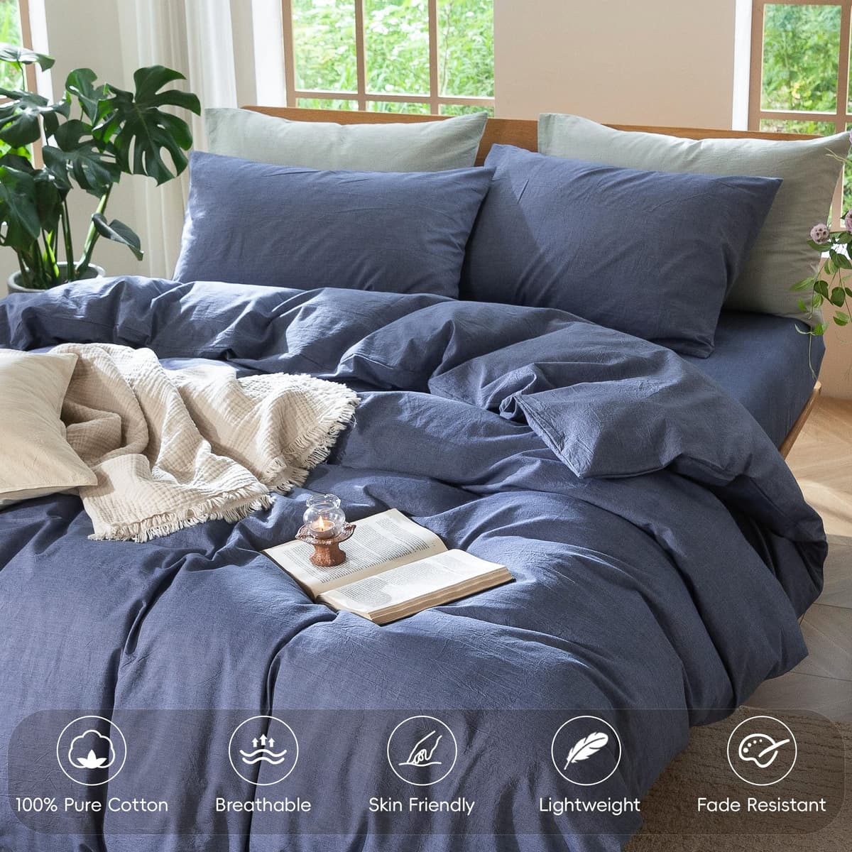 MooMee Bedding Duvet Cover Set 100% Washed Cotton Linen Like Textured Breathable Durable Soft Comfy (Tannish Linen Grey, King) — view 187