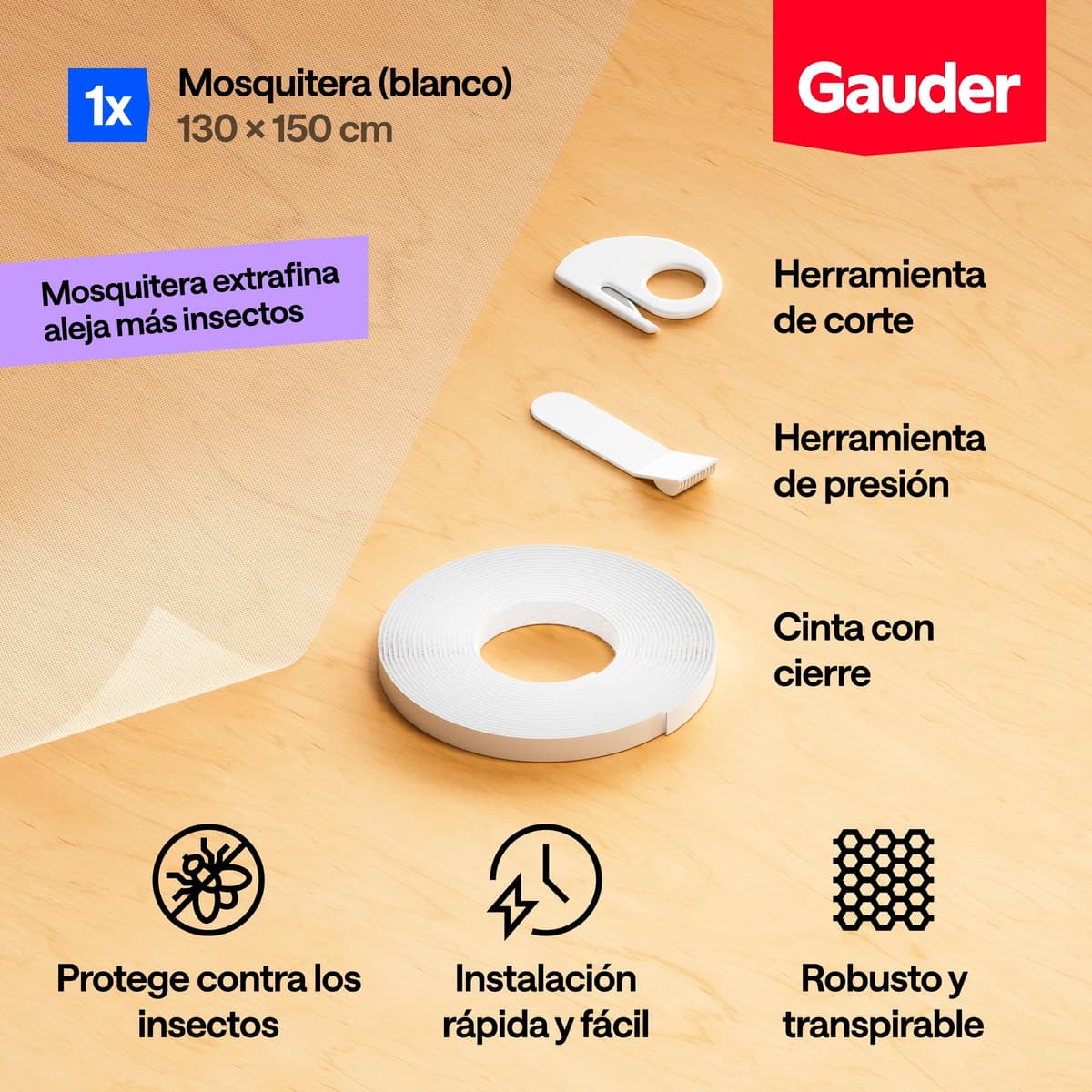 GAUDER Mosquitera para Ventana - Red Anti-Insectos con Cierre de Gancho y Bucle - Protección Adhesiva contra Mosquitos - Malla Autoadhesiva (130 x 150 cm - Bianca) — view 3