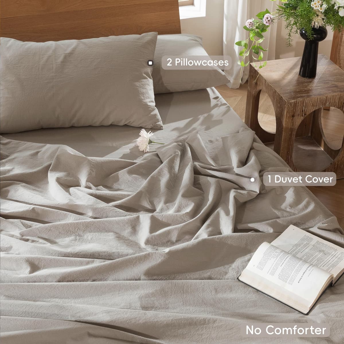 MooMee Bedding Duvet Cover Set 100% Washed Cotton Linen Like Textured Breathable Durable Soft Comfy (Tannish Linen Grey, King) — view 92