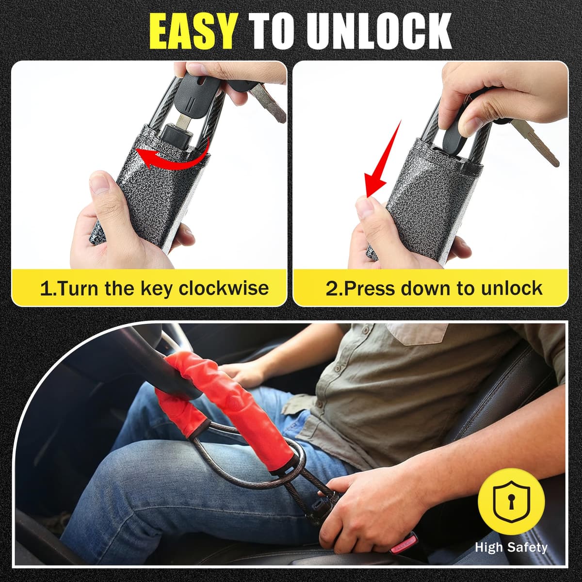 Steering Wheel Lock, Car Steering Wheel Locks, Car Seat Belt Lock with Metal Head, High Visibility Car Lock Anti-Theft Device for Car, SUV, Pickup, Van, RV, 3 Keys (Red) — view 3