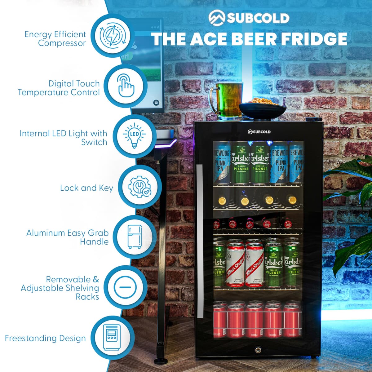 Subcold Ace90 LED Touch Control Beer Fridge With Glass Door | Premium Drinks & Wine Fridge | Black Alu Handle, Auto Defrost, Lockable | 91 Cans | Ideal for Home Bar Undercounter — view 5