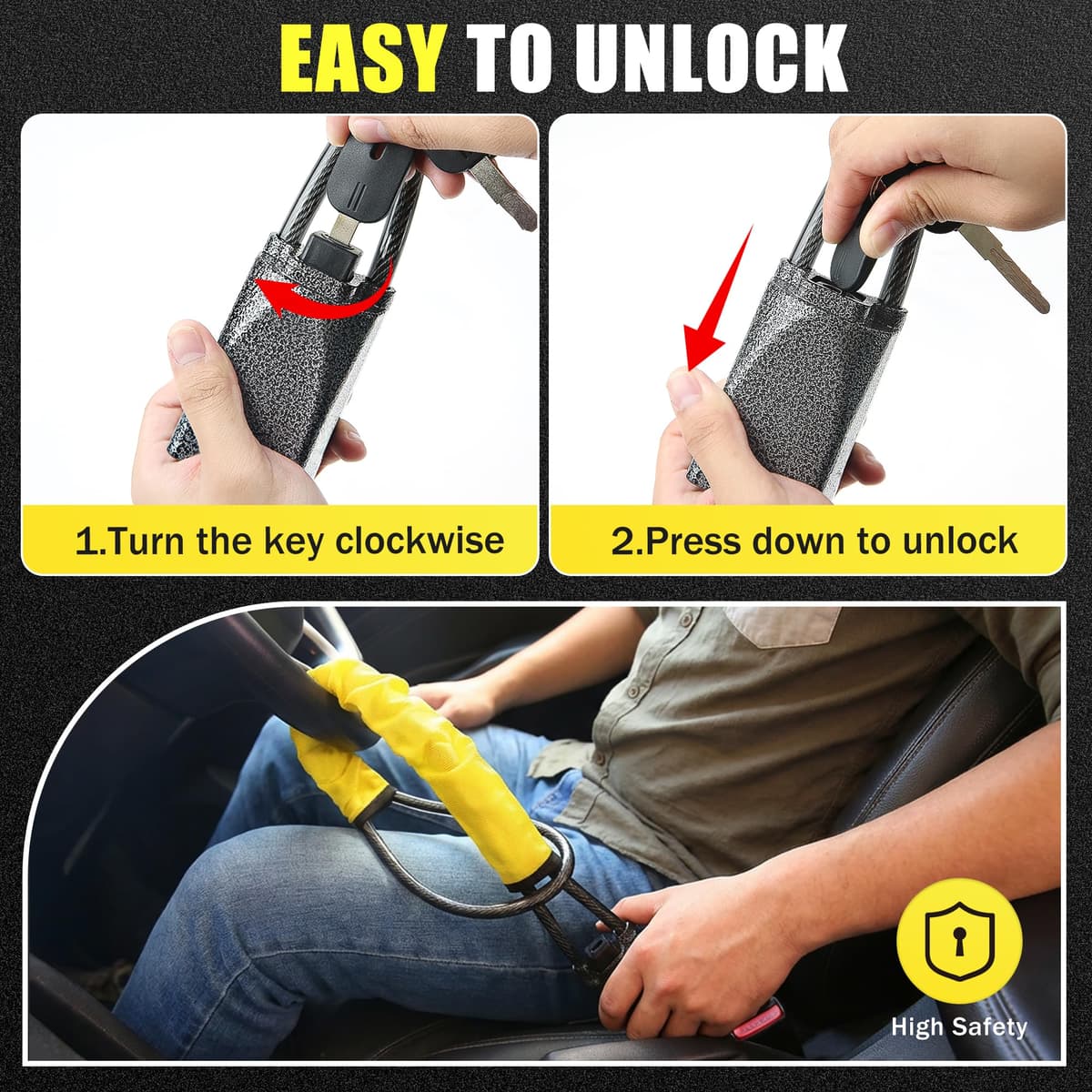 OXNSHEJW Steering Wheel Lock, Car Steering Wheel Locks, Car Seat Belt Lock with Metal Head, High Visibility Car Lock Anti-Theft Device for Car, SUV, Pickup, Van, RV, 3 Keys (Yellow) — view 3