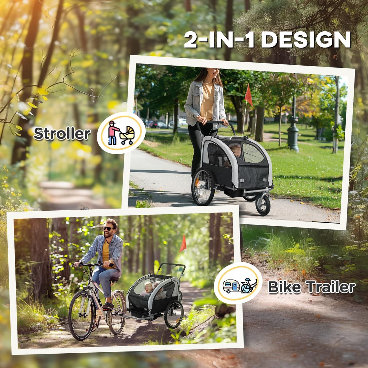 HOMCOM 2 Seat Bike Trailer for Kids, Baby Bike Stroller with 5 Point Harness, Child Bicycle Trailer with Safety Flag, Reflectors, Windproof Curtain, for 18+ Months, Black — view 3
