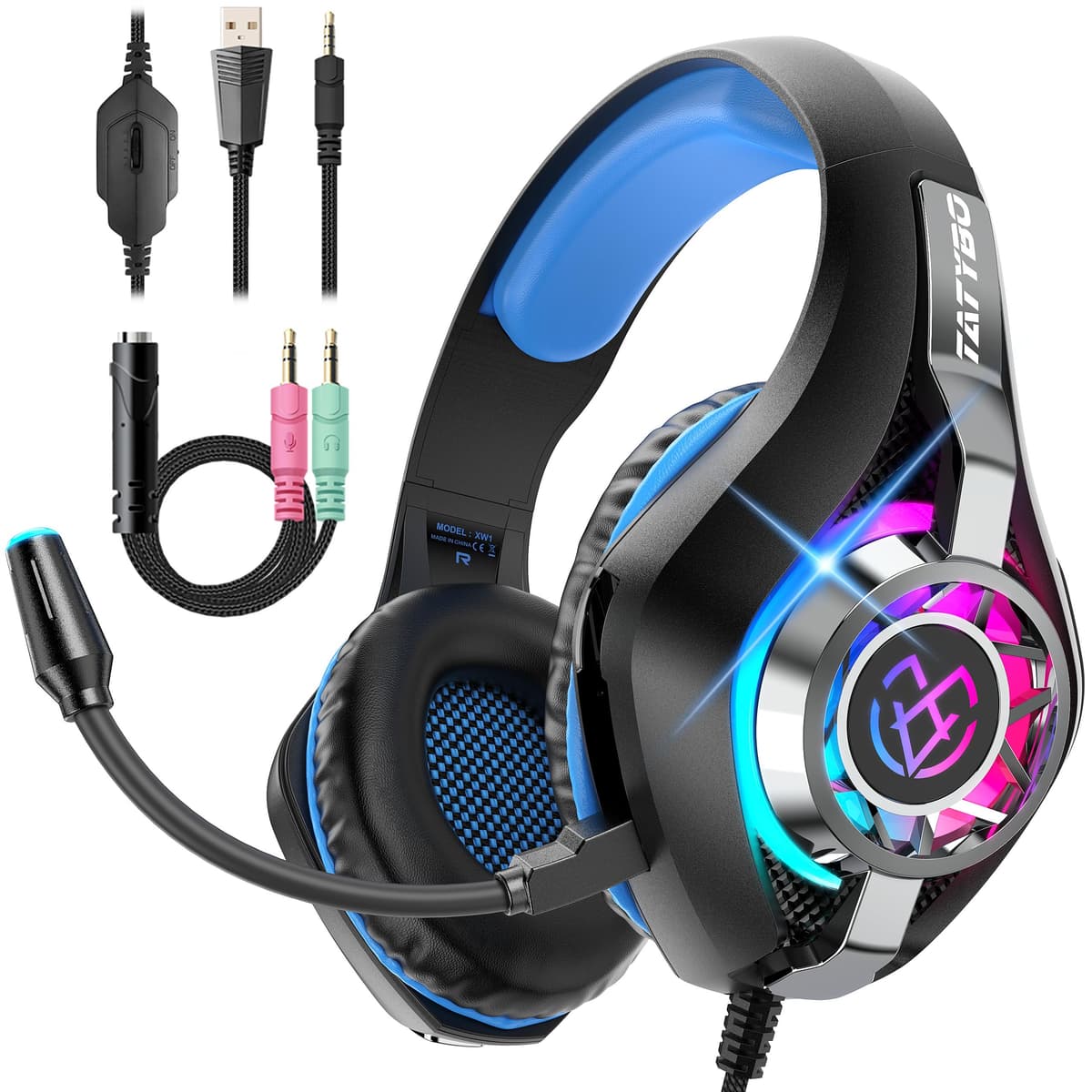 Tatybo Auriculares para Juegos para Ps4 Ps5 XboxOne Switch PC con micrófono con cancelación de Ruido, Sonido estéreo de Graves Profundos