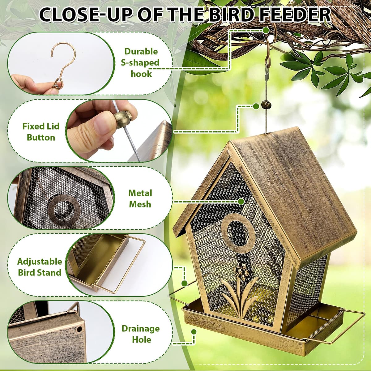 Comedero para pájaros de metal colgante para pájaros silvestres, resistente al agua, pequeño comedero para pájaros, capacidad de 1,1 kg, para pájaros silvestres, jardín, patio — view 3